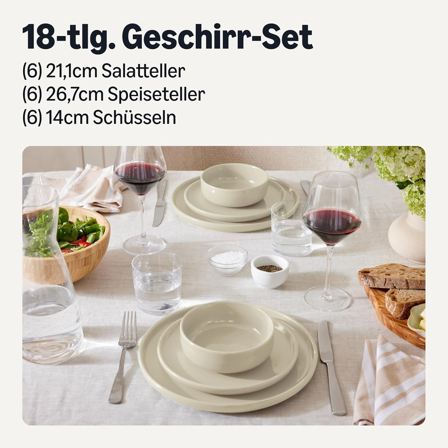 Amazon Basics glaseret stentøjsstel, 18 stykker, 6 komplette sæt, Tåler opvaskemaskine, elfenben