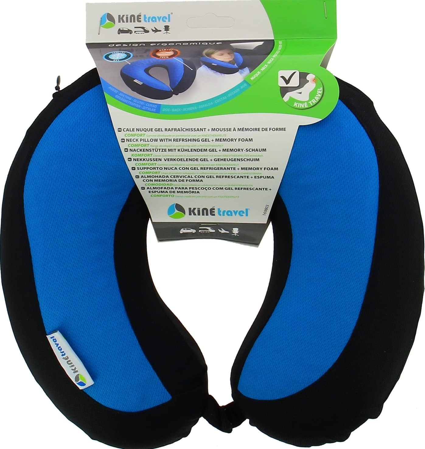 Kine Travel 169803 Gel Nakkepude Fysiogodkendt Ergonomisk rejsepude Sort og blå rejsepuder Naty Shop