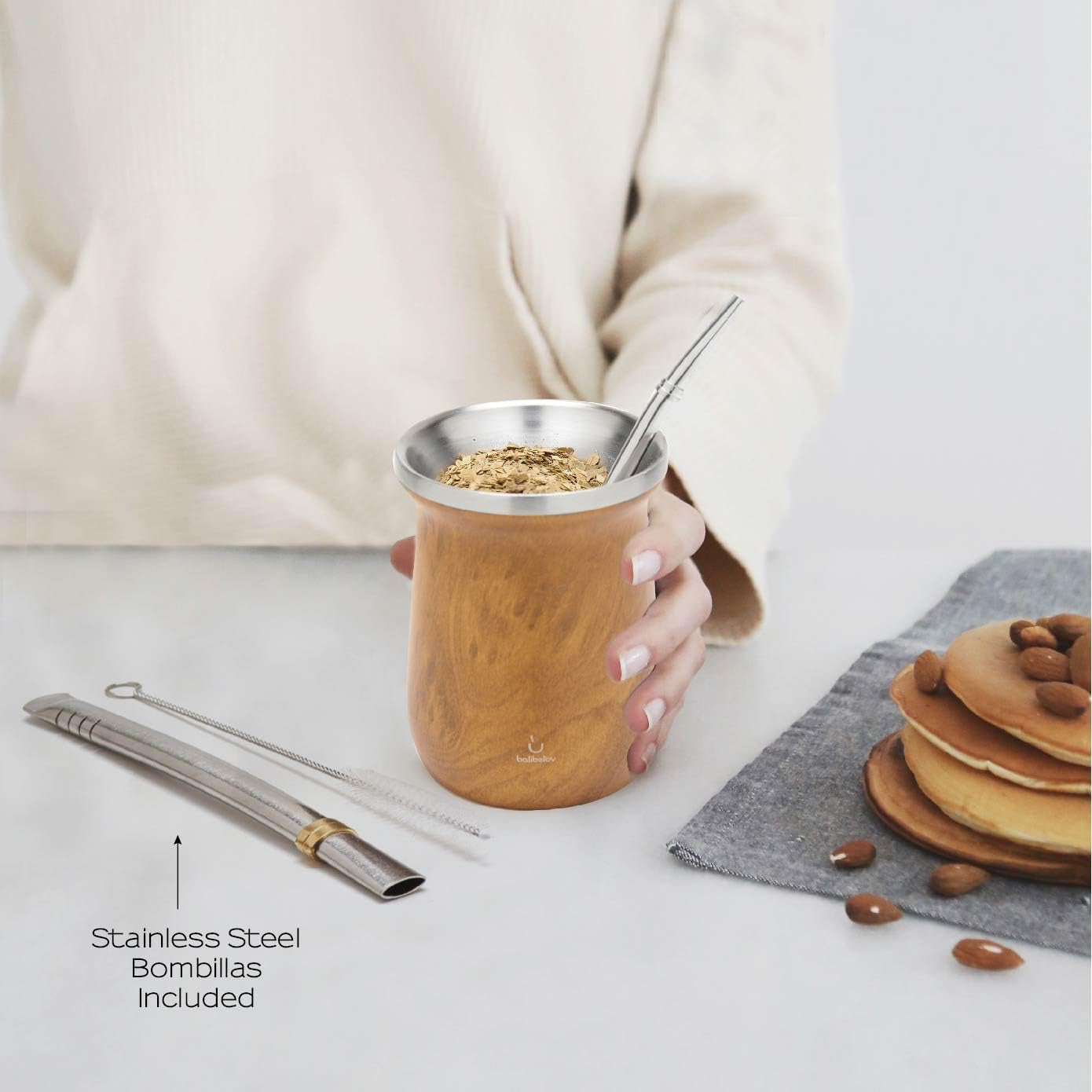 Yerba Mate balibetov tesæt (Mate kop) lavet af rustfrit stål med bombilla (halm) til mate, Let at rengøre og meget holdbart Yerba Mate sæt (TRÆ)