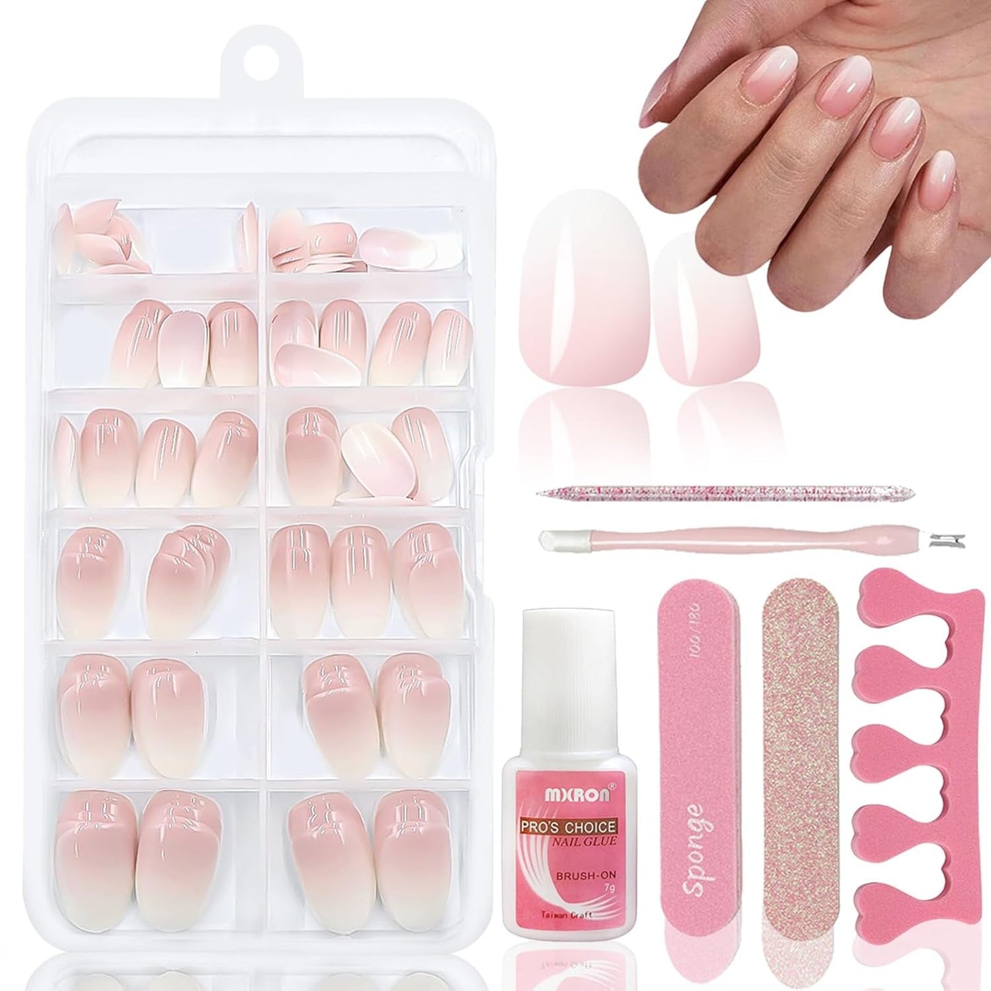 120 stk Nøgne lyserøde falske negle med neglelim - 12 størrelser Kort oval firkantet tryk på negle - smukke negle, lim på kunstige negle - velegnet til kvinders DIY negledesign (Squaval Pink Gradient)