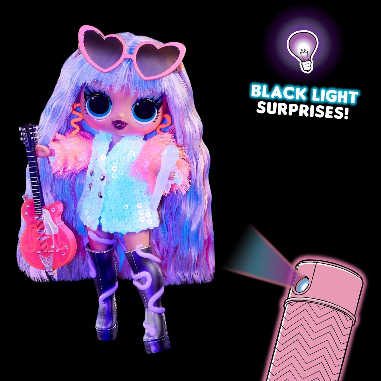 LOL overraskelse! Tweens Neon Pop Stars - Thea Stars - 1 modedukke med baggrundsbelyste overraskelser og over 10 Pop Star-tøj og tilbehør, inklusive hendes hot pink guitar, gave til børn fra 4 år og opefter