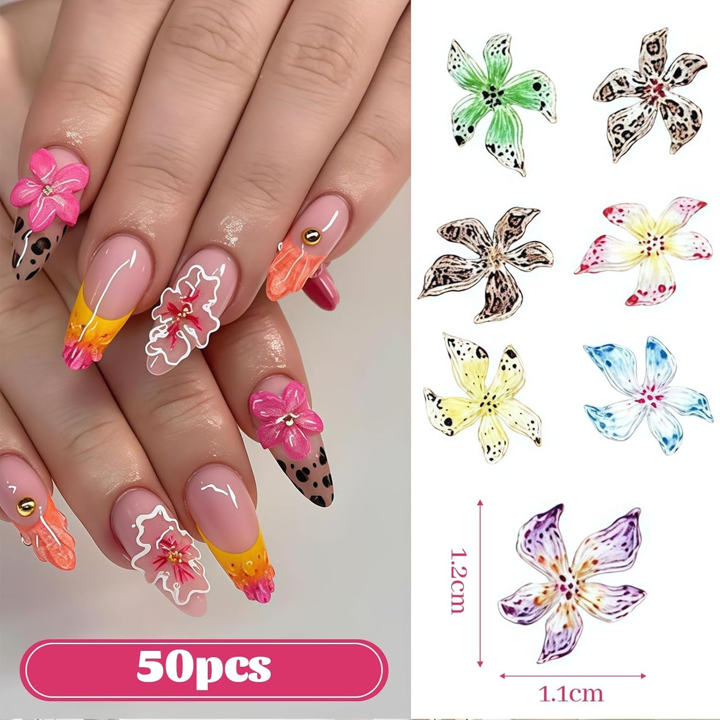 50 Stück 3D Blume Nail Charms Set, Bunte Nageldesign Tilbehør, Nägel Charms Og Nagel Art Charms, Perfekt Für Nailart, Maniküre Dekoration Og DIY Nageldesign