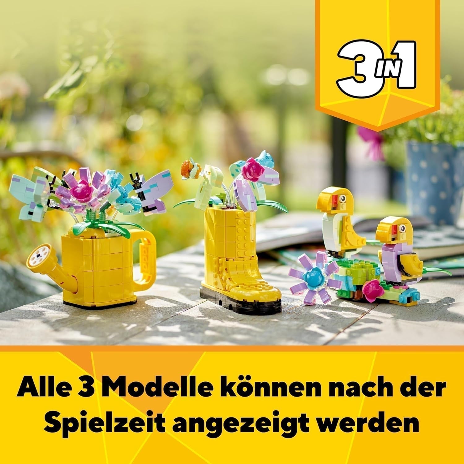 LEGO Creator 3I1 blomstersprinklersæt, dekoration til børneværelset, byg en sprinkler med en buket blomster, gummistøvler eller 2 legetøjsfugle, kreativ gave til piger og drenge 8 år gamle 31149 byggesæt Besuche den LEGO-Store