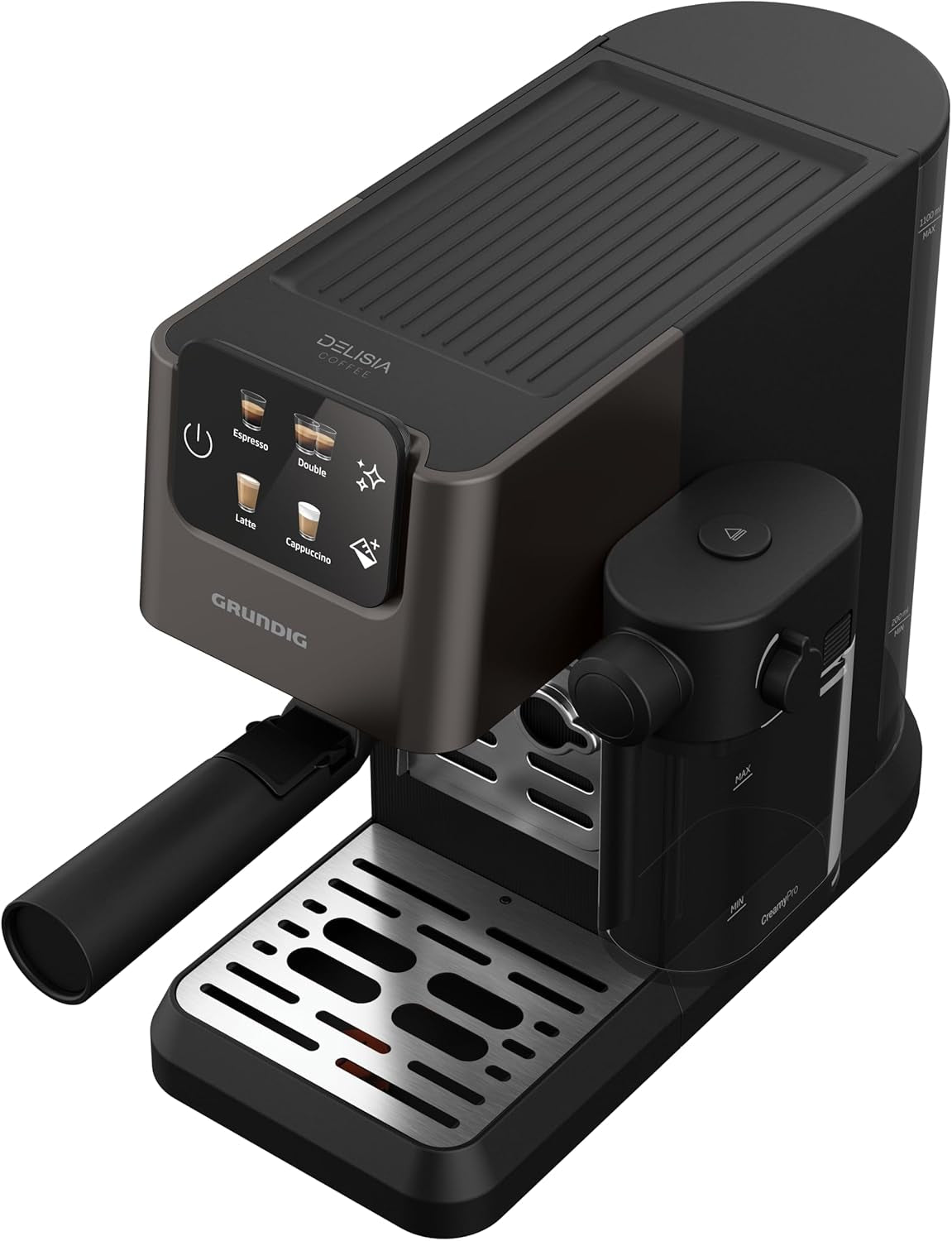 Portafilter espressomaskine GRUNDIG KSM 5330 med integreret mælkebeholder, effekt 1628 W, pumpetryk 15 bar, dobbelt mundstykke, farvetouchdisplay, BrewSense, CreamyPro, Mørk rustfrit stål/Sort