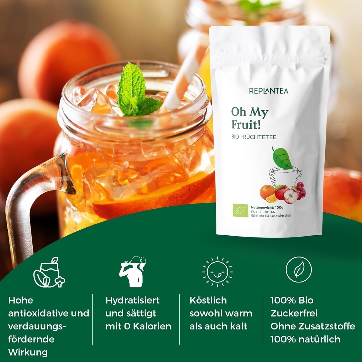 Oh My Fruit BIO frugtte 100 g (50 kopper) | Løs frugtte med æbler, hibiscus, hindbær, appelsiner og steviablade REPLANTEA
