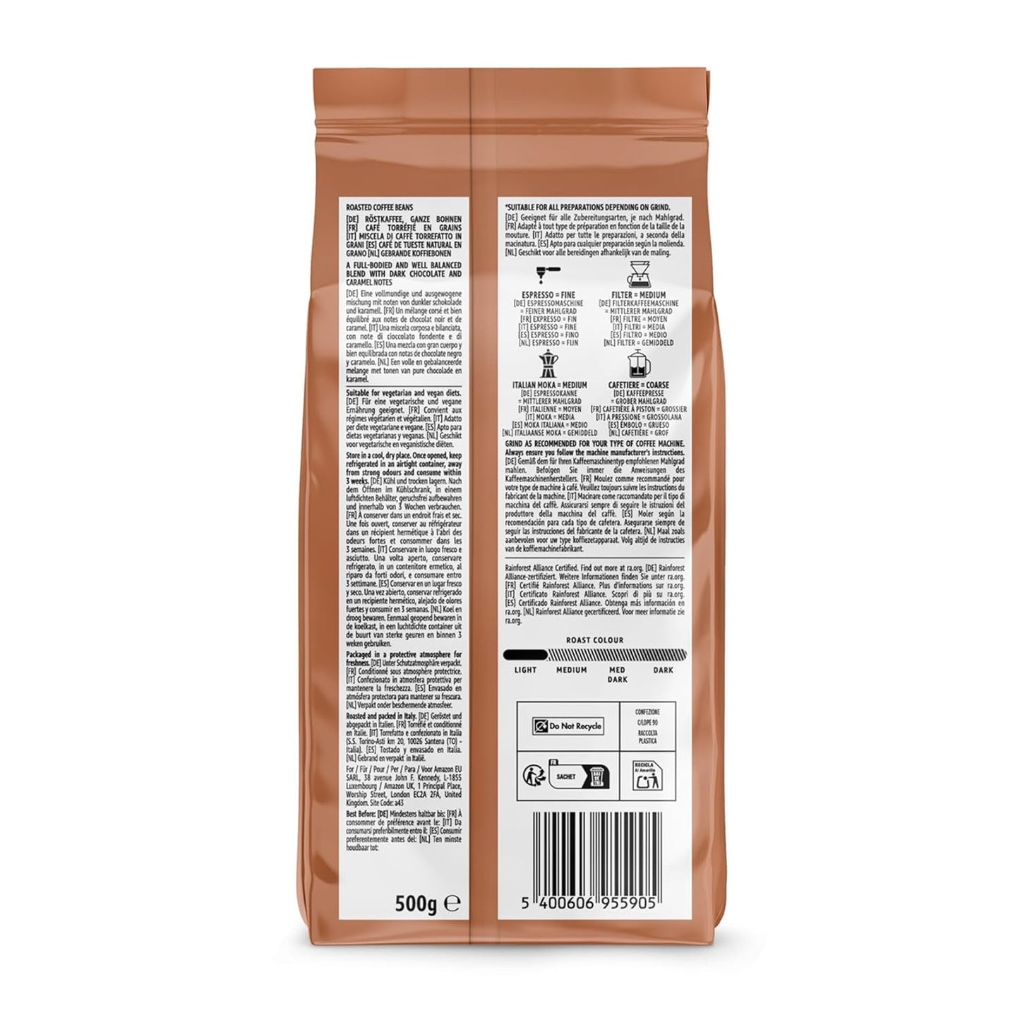 af Amazon Espresso Crema Röstkaffee Ganze Bohnen, 1 kg (2 pakker á 500 g), Rainforest Alliance-Zertifizierung