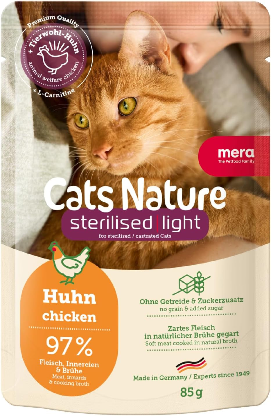 MERA Cats Nature Wet Sterilized/Light Chicken Food 12x85g | Til steriliserede/kastrerede katte | Sukker- og kornfri | Fedtfattig vådfoder med højt indhold af kød