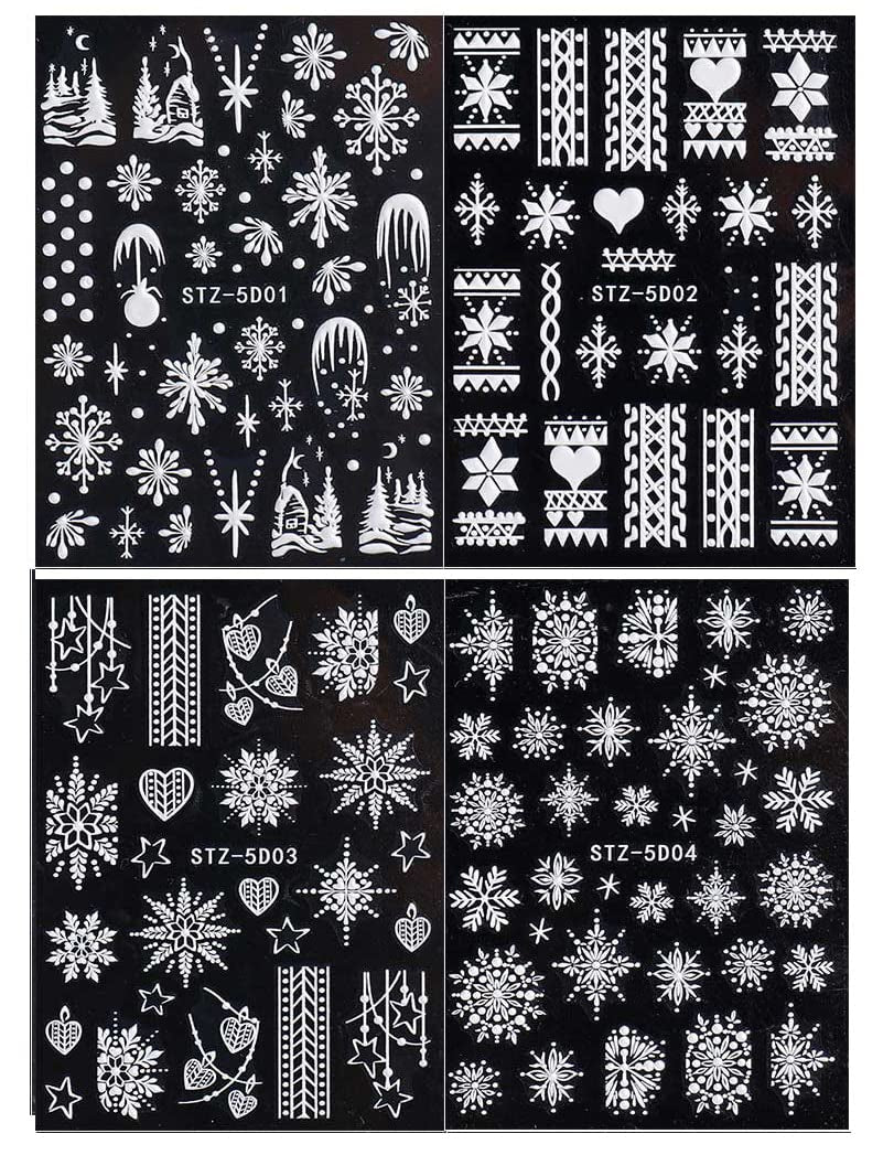 4 Blatt 3D Nagelsticker Weihnachten Nagelaufkleber Christmas 5D Stereoskopisk Selbstklebend Schneeflocke Schneemann Nail Art Sticker Dekoration Nageldesign Zubehör