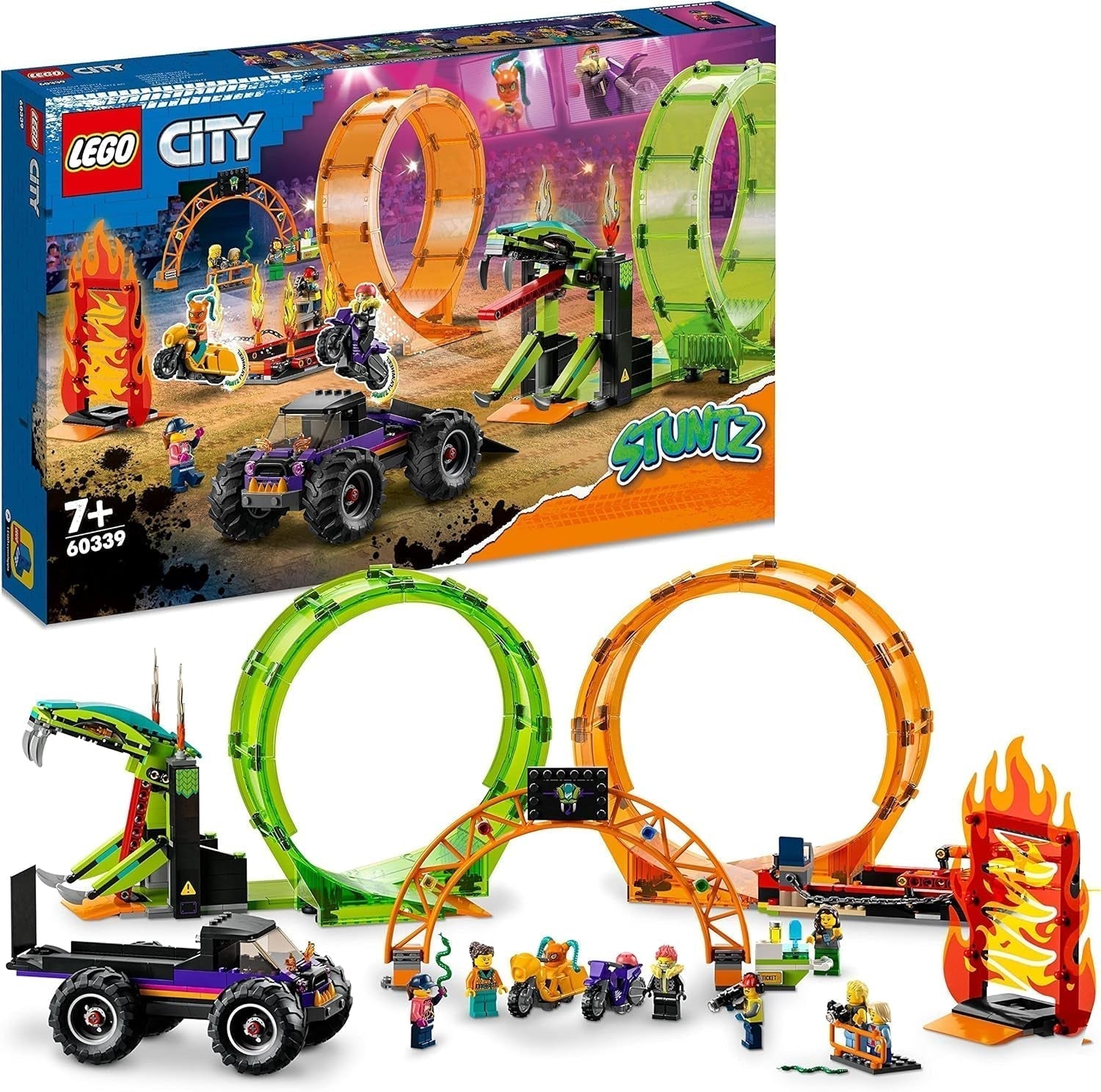LEGO 60339 City Stuntz Stuntz Show Double Looping Sæt, inkl. rampe, monstertruck, 2X motorcykel og 7 minifigurer, legetøj til børn over 7 år Byggesæt Besuche den LEGO-Store Single