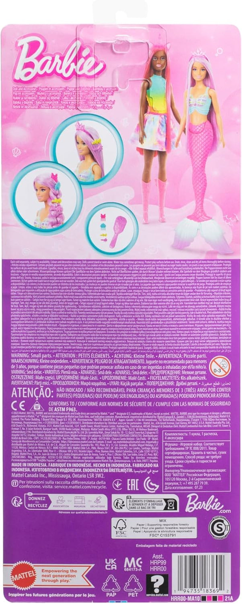 Barbie Havfruedukke - med langt lyserødt hår og individuelt stylingtilbehør, inklusive børste, smuk kammuslingspids og lyserød halefinne, til alderen 3 og opefter, HRR00