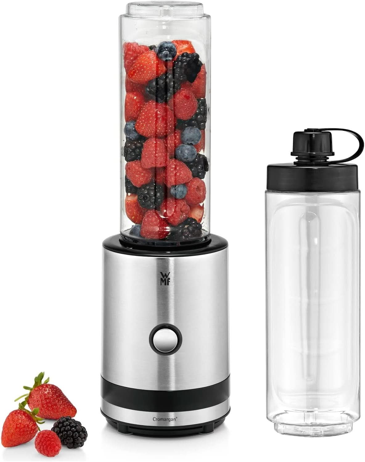 WMF Küchenminis Smoothie-To-Go, Mini Standmixer Mit Zwei Mix-/Trinkbehältern 0.6L, Mixer Hochleistungsmixer 300 W, Edelstahl Matt, Schwarz Kitchen Naty Shop Edelstahl