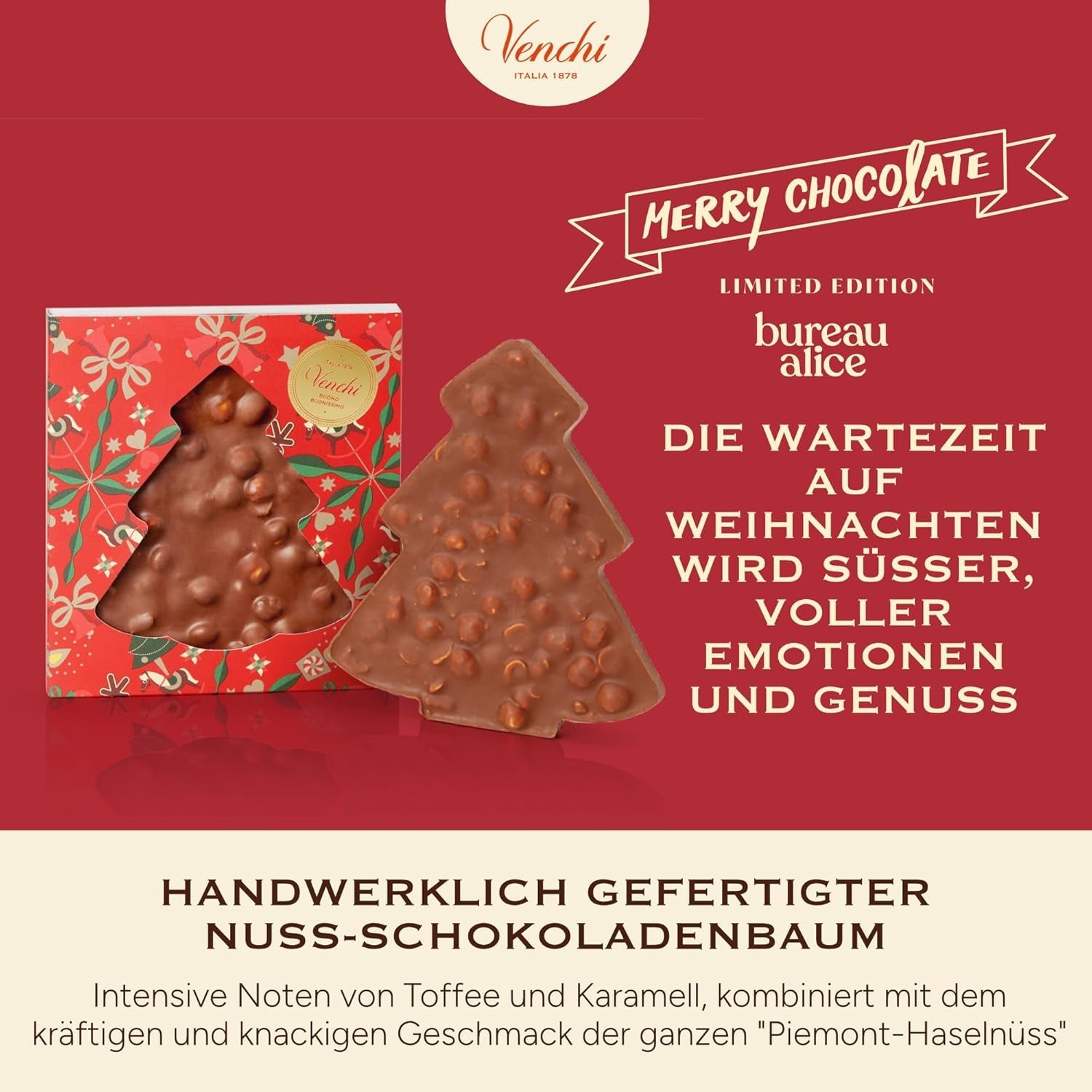 Venchi, Brutto&Buono, håndlavet "Piedmont Forest Hazelnut" grantræformet mælkechokoladebar, 200 g, glutenfri, julekollektion i begrænset udgave, gaveidé