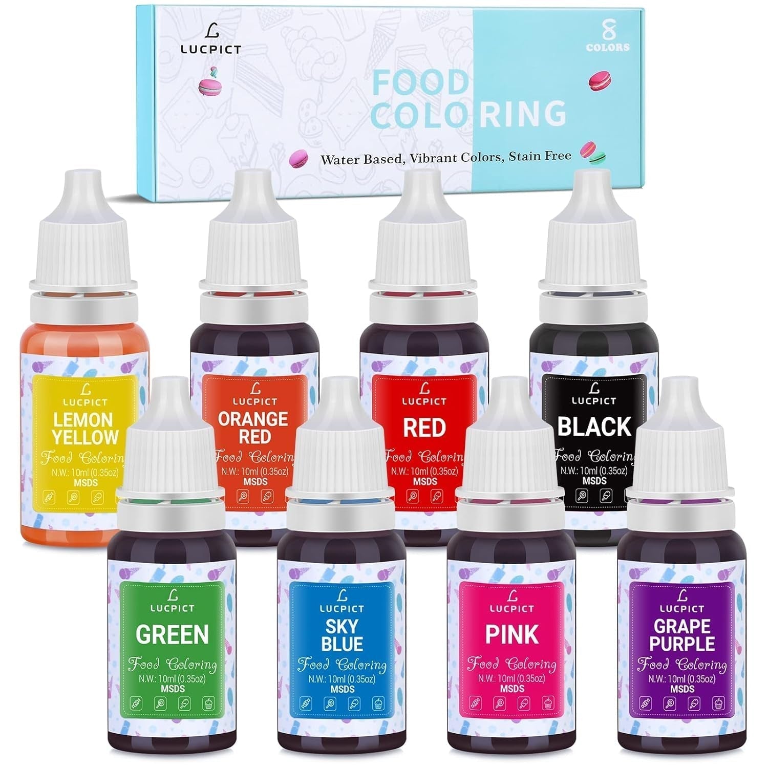 Madfarve 8x10ml - Højkoncentreret flydende madfarvesæt til bagning, kager, småkager, frosting, macarons, fondant - Levende madfarve til gør-det-selv-sæber, slim, håndværk