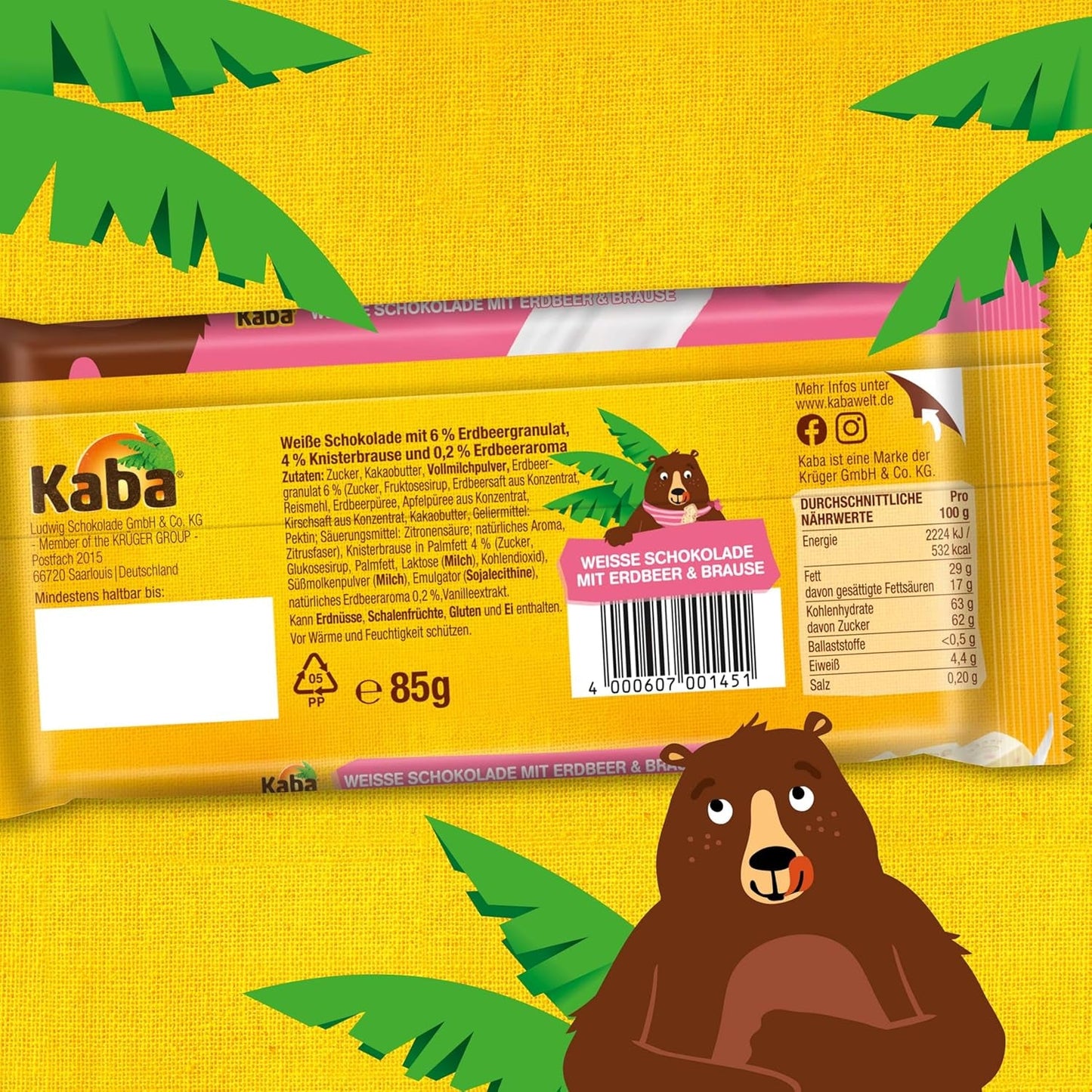 Kaba hvid chokolade med jordbærsmag og brusende slik, chokoladebar, bar 85 g, hvid chokolade med jordbærfrugtsmag og brusende slik med original kaba smag (pakke med 3)