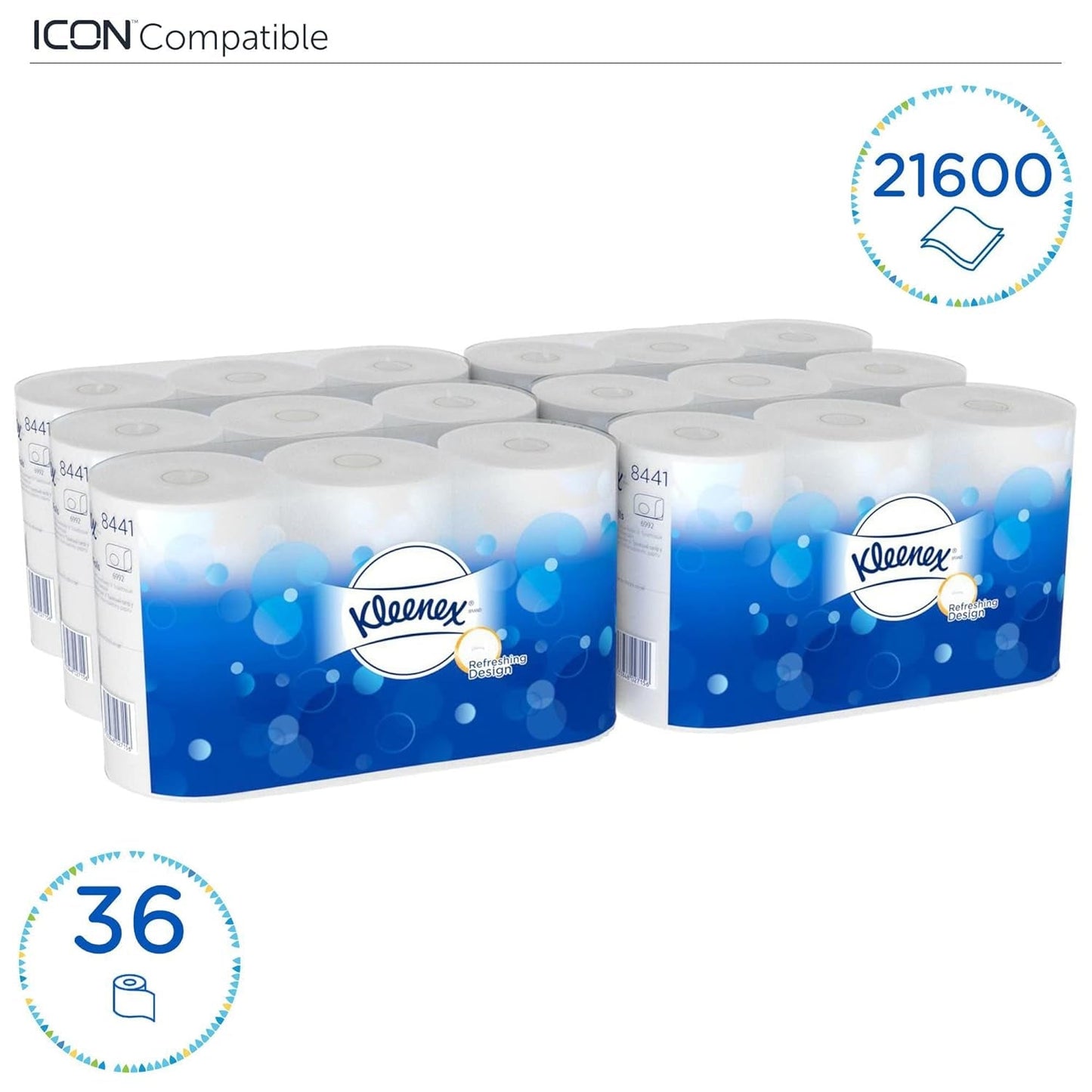 Kleenex standardrulle 8441 toiletpapir - 2-lags toiletpapir - 6 pakker med 6 ruller x 600 ark hver, hvid (36 ruller/21.600 ark i alt)