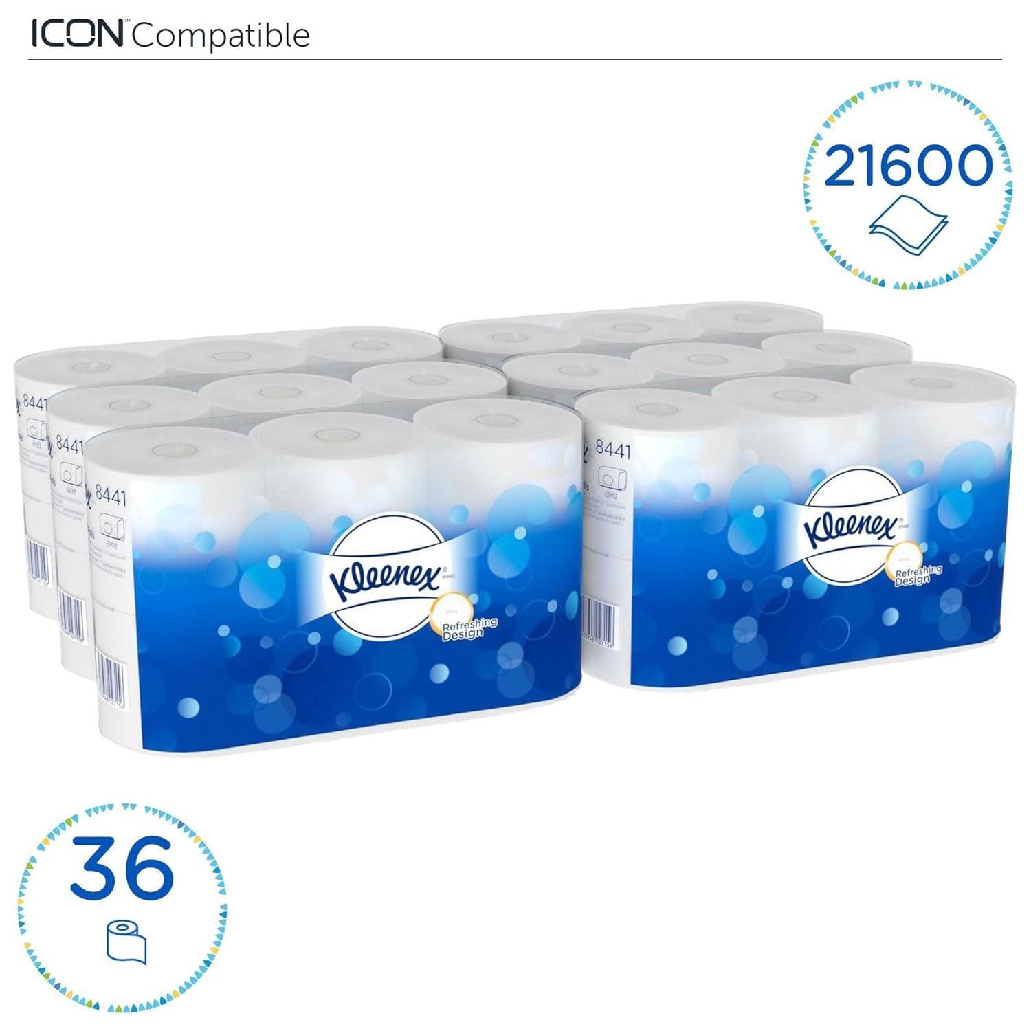 Kleenex standardrulle 8441 toiletpapir - 2-lags toiletpapir - 6 pakker med 6 ruller x 600 ark hver, hvid (36 ruller/21.600 ark i alt)