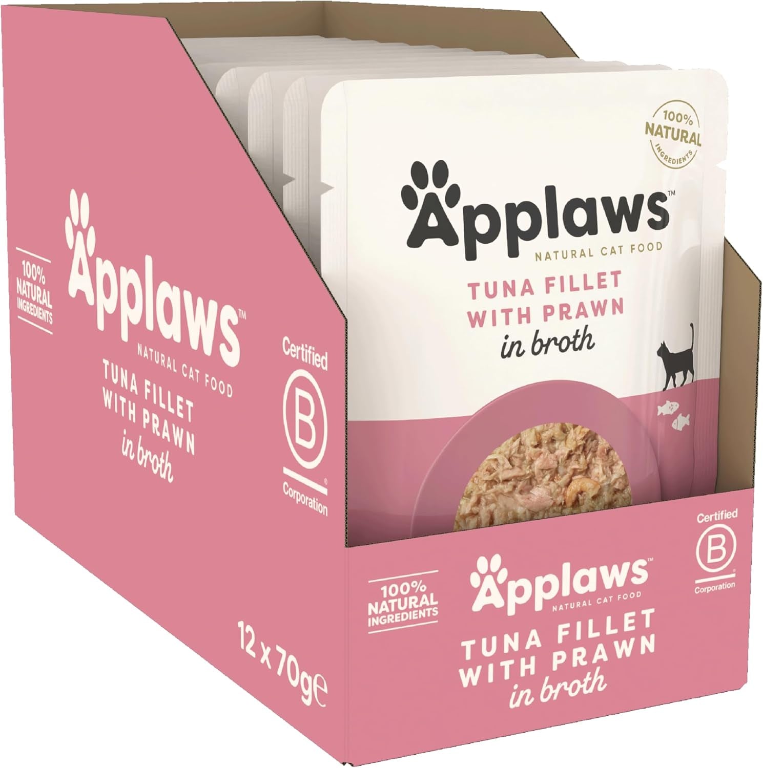 Applaws Premium naturligt våd kattefoder, tunfileter med stillehavsrejer i suppe, 70 g portionsposer (12 x 70 g)
