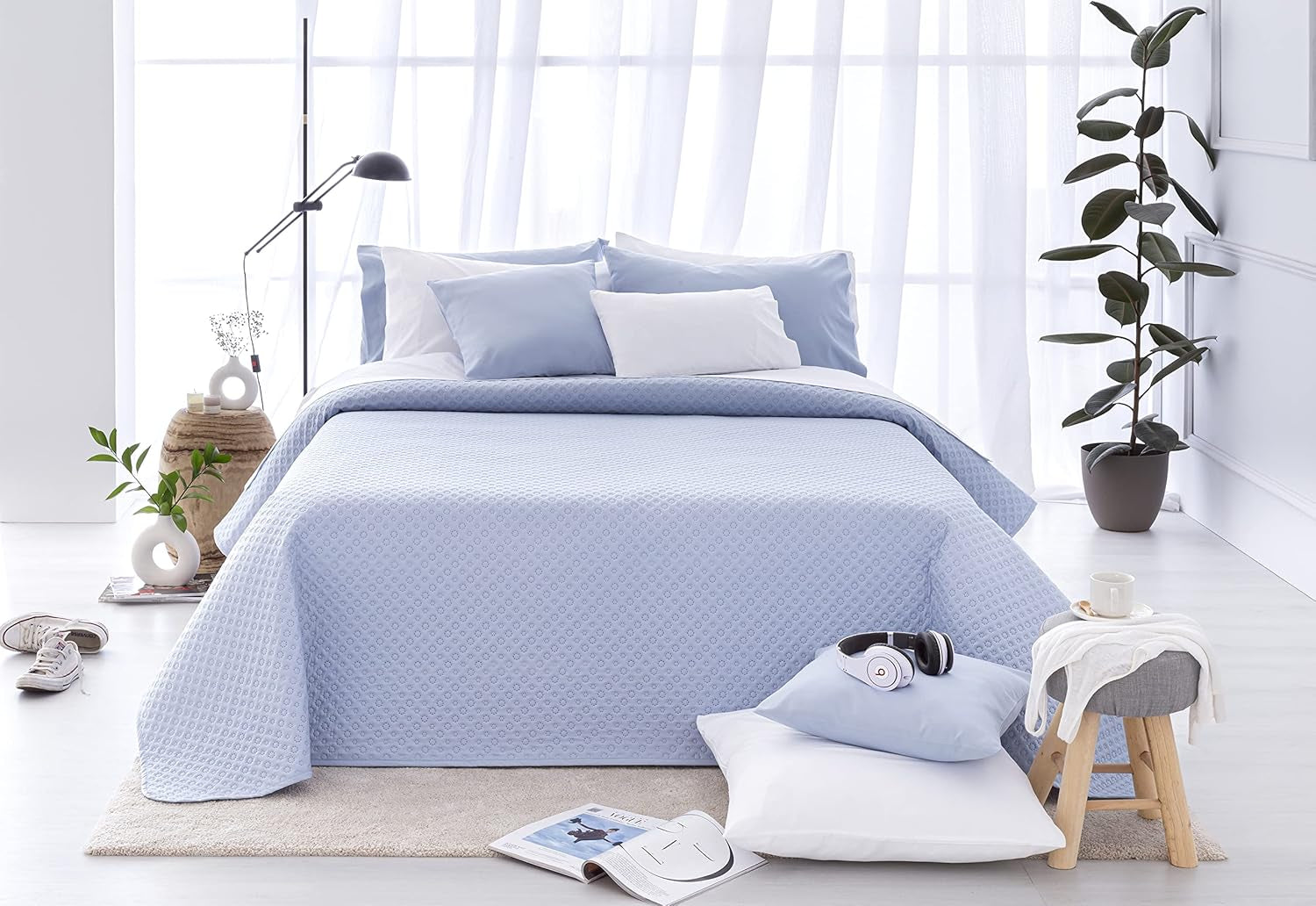Todocama Fine Boutique sengetæppe med piqué motiv, til forår, sommer, efterår og vinter, 100% super blødt mikrofiber, multifunktionelt tæppe, 140/150/160-250 X 260 cm, lysegrå Senge og tæpper Beuche den Todocama-Store Lyseblå 200 X 260 Cm