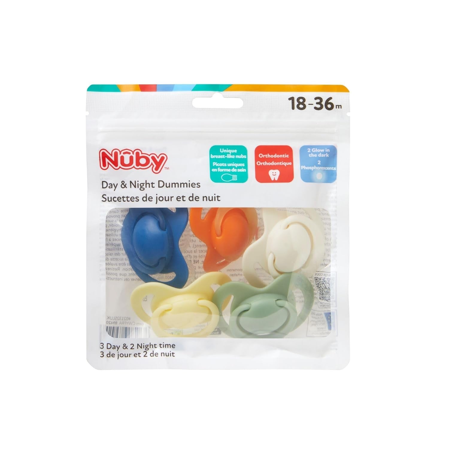Nuby – Sæt med 5 bløde ortodontiske sutter og sutter i silikone | 3 modeller til dag og nat | 2 modeller, der lyser i mørke | BPA fri | Brystlignende form | I 18-36 måneder
