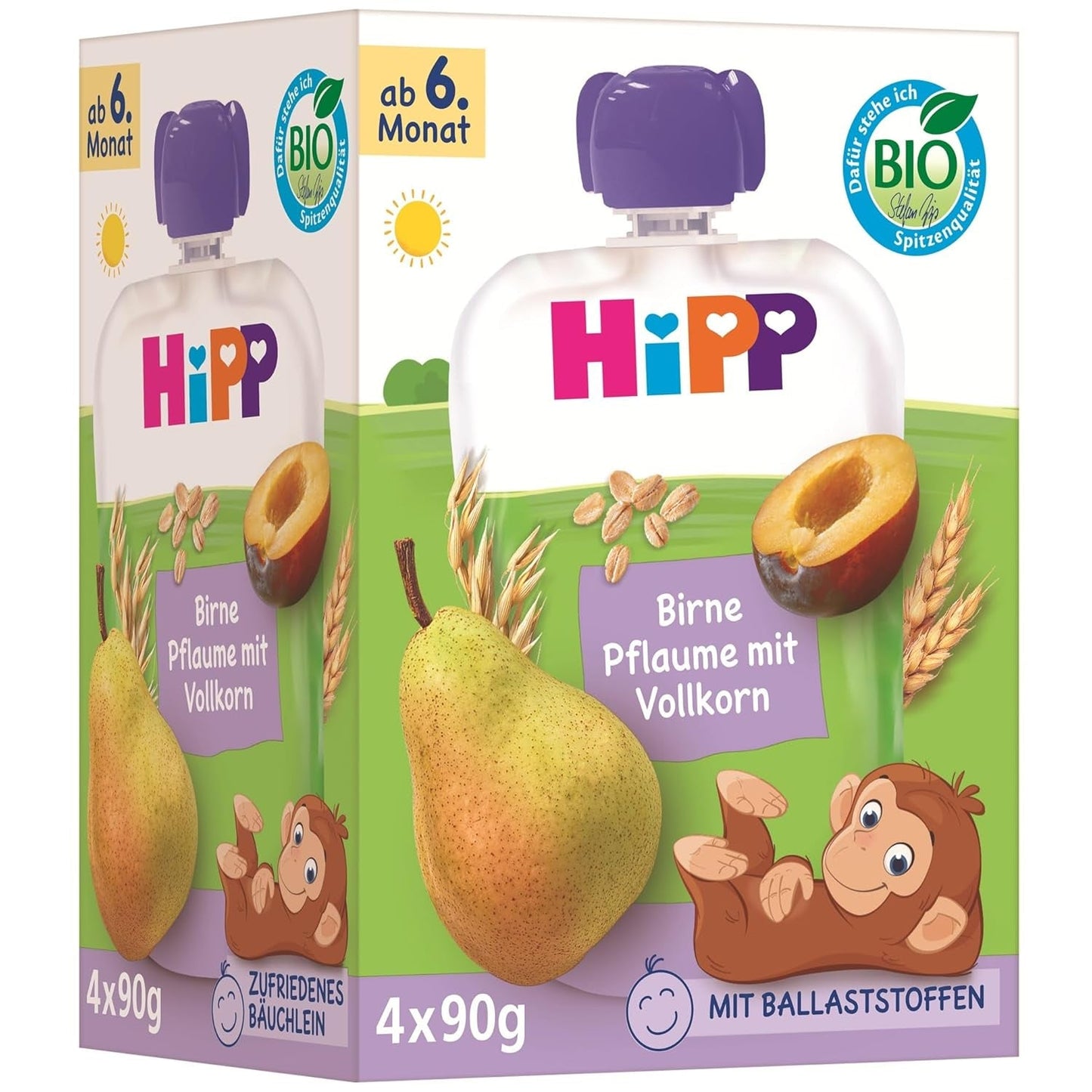 HiPP Økologiske pære- og blommeposer, fuldkorn, 16 stykker (4 pakker á 4 x 90 g hver), til babyer fra 6 måneder, uden tilsat sukker, vegansk, bedste økologiske kvalitet