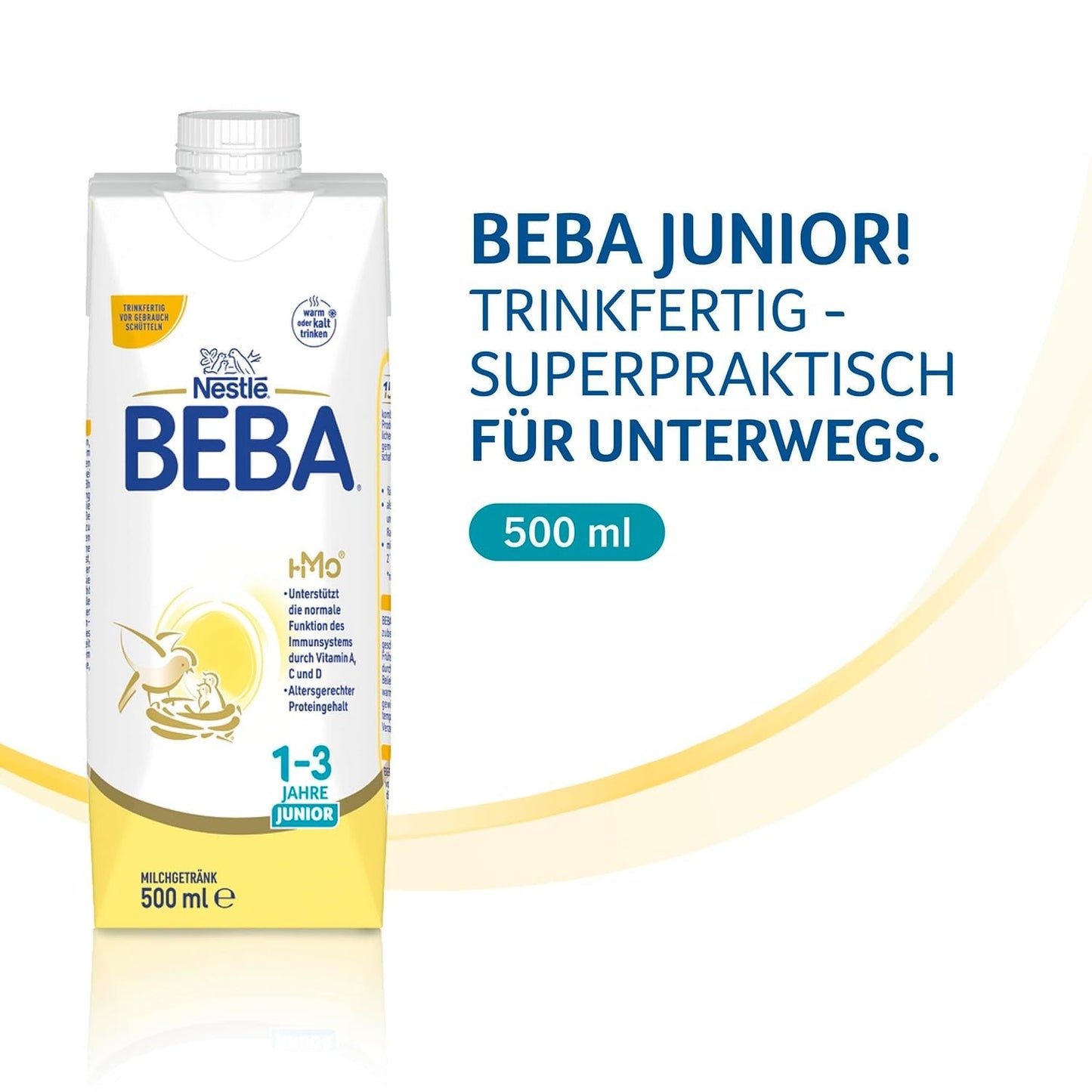 BEBA Junior drikkeklar mælkedrik 1-3 år, med HMO, aldersegnet proteinindhold, palmeoliefri, fiskeoliefri, småbørnsmad, pakke med 12 (12 x 500 ml)