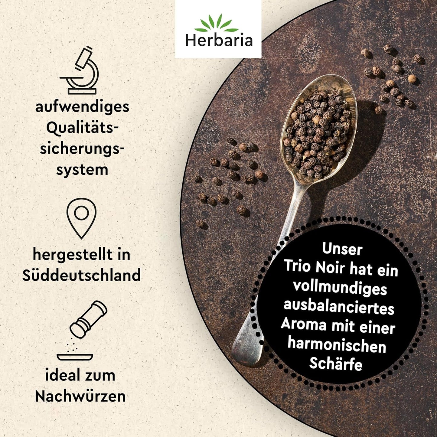 Herbaria Trio Noir bio 75g M-Dose – Bio Pfeffer schwarz ganz – ganze Pfefferbeeren – schwarze Pfeffermischung aus biologiske Anbau af drei forskellige regionale regioner - i nachhaltiger Aromaschutz-Dose