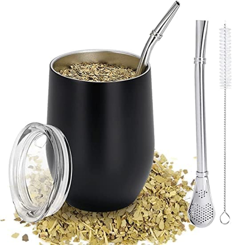 Moderne Mate-krus 340 ml, isoleret Yerba Mate-krussæt med dobbeltvæg i rustfrit stål, Mate-tekrus med BPA-frit låg, Bombillas og en rensebørste (sølv)