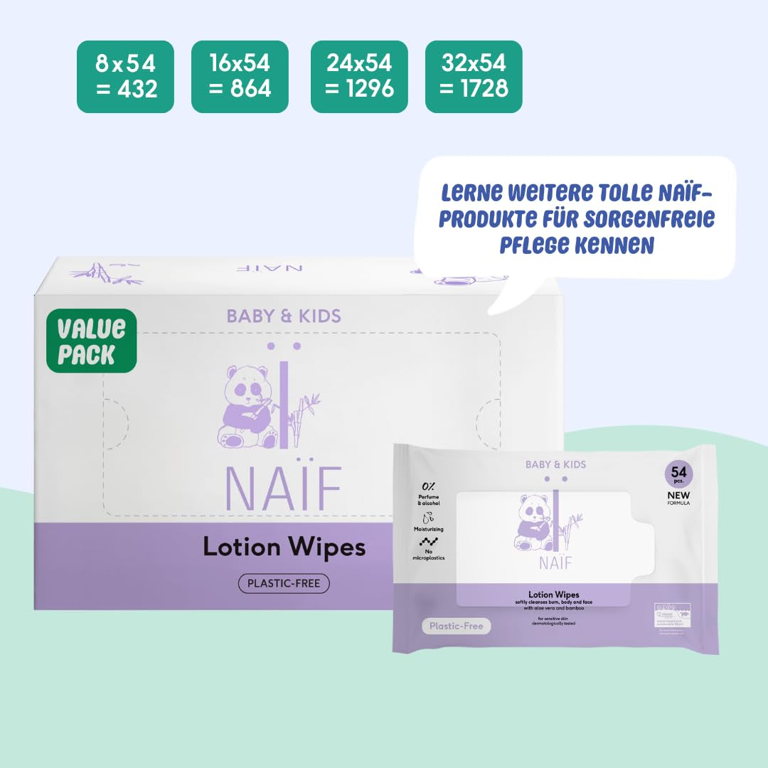 Naïf - Vådservietter med plastikfri lotion - 1296 stykker (24 pakker á 54 servietter) - til babyer og børn - Babys underdel, krop og ansigt - med Aloe Vera og bambus - 0% duft og alkohol