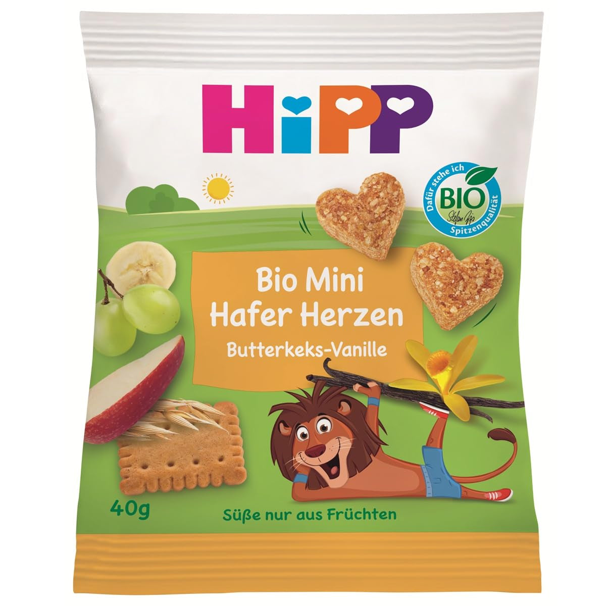 HiPP Havregryn Vanilla Heart Mini Biscuits (12 x 40g), fra 1 år, økologisk hjerteformet snackbar, høj i korn og fibre, kun sødet med frugt, af bedste økologiske kvalitet