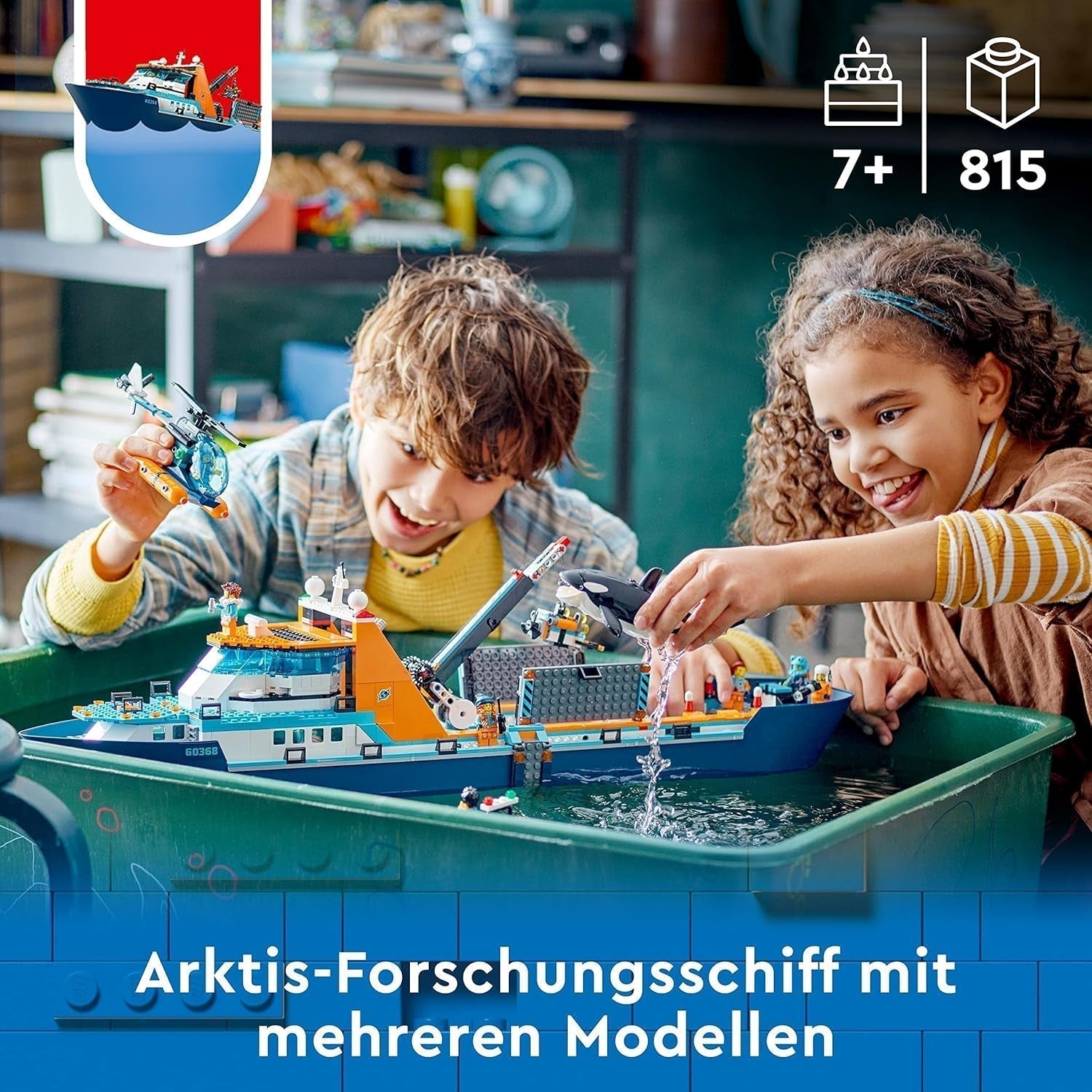 LEGO City Arctic Research Ship, stor flydende legetøjsbåd med helikopter, gummibåd, Rov-ubåd, vikingevrag, 7 minifigurer og spækhuggerfigur, gave til børn i alderen 7+ 60368 byggesæt Besuche den LEGO-Store