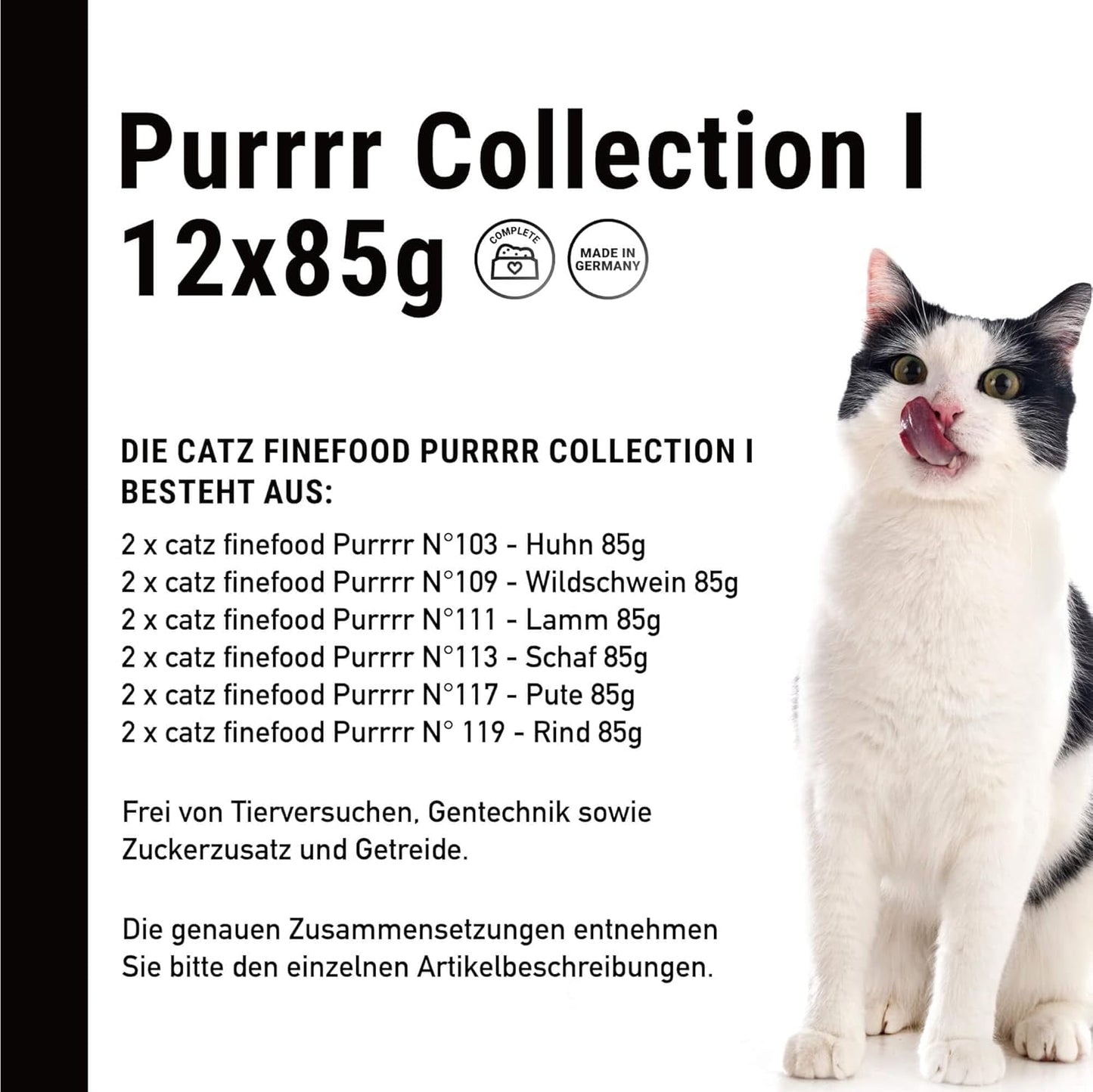 Catz Finefood Purrrr Collection I - Monoprotein våd kattefoder - Kornfri, Sukkerfri, Hypoallergen - Højt kødindhold - Multipak våd kattefoder - i poser, 85 g (12 pakker)