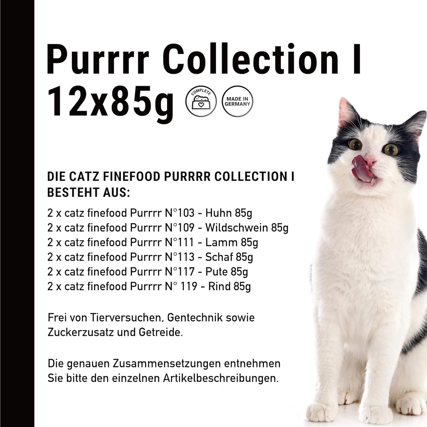 Catz Finefood Purrrr Collection I - Monoprotein våd kattefoder - Kornfri, Sukkerfri, Hypoallergen - Højt kødindhold - Multipak våd kattefoder - i poser, 85 g (12 pakker)