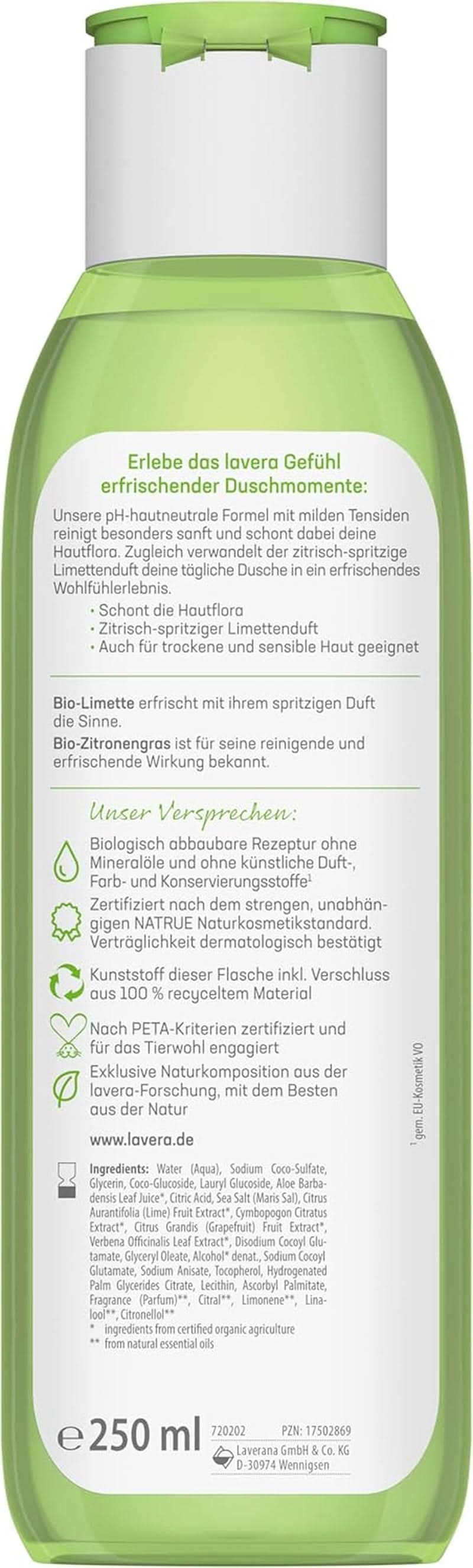 Lavera, Forfriskende shower gel med økologisk lime, 250 ml Shower and bath Naty Shop