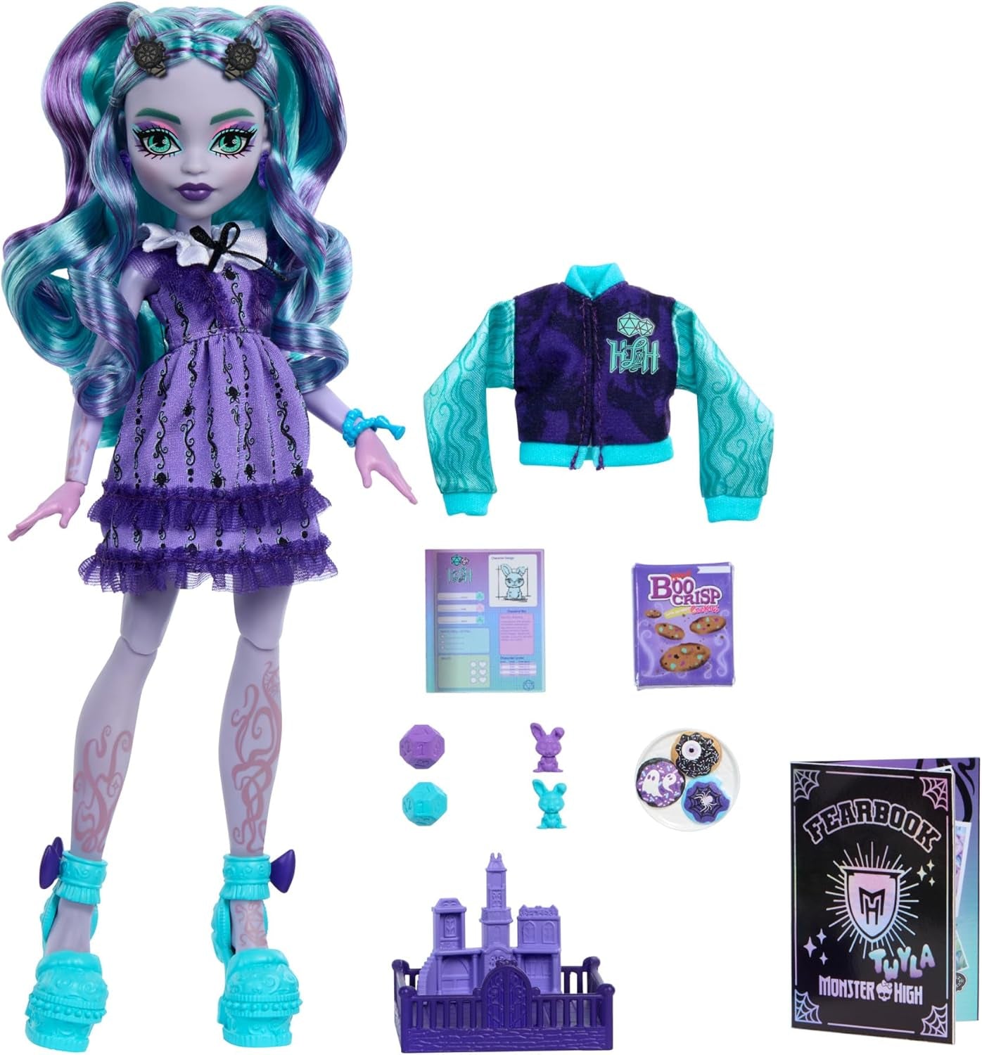 Monster High Fearbook Twyla dukke- og filmklubstilbehørssæt, collegejakke, eksamensalbum, brætspil og småkager, HXW31