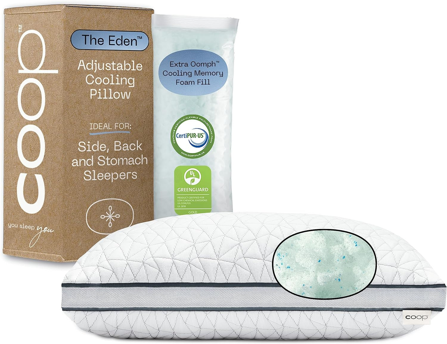 Coop Home Goods Eden Cool Justerbar Pude King Size Justerbar Gel Infunderet Memory Foam Blødt åndbart Lulltra stof Ideelt til alle sovende Miljøvenlige Naty Shop Standardpuder Standardtitel