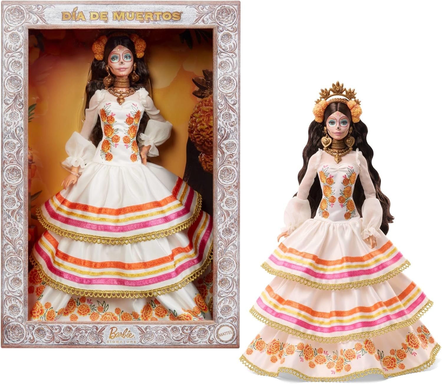 Barbie Signature Day of the Dead 2025 dukke-samlerfigur i cremefarvet kjole med flæser, morgenfruer og sløjfer, blomsterkrone i hår og Calavera-ansigtsmaling, JBJ05