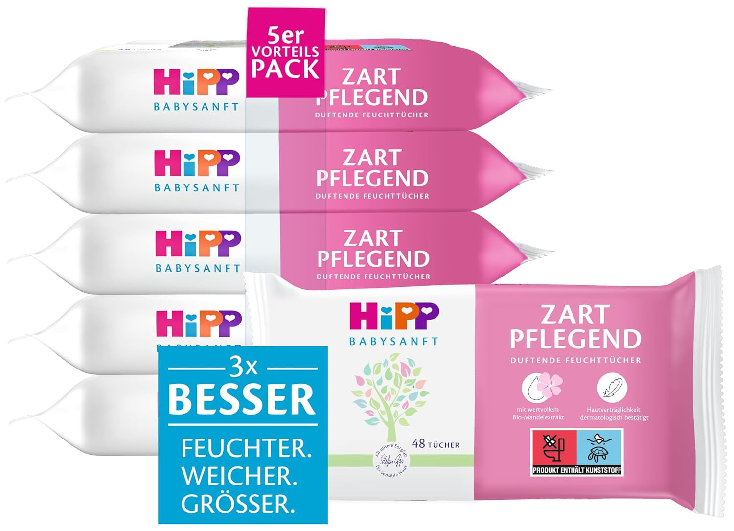 HiPP Babysanft Delicates Baby vådservietter 720 stykker (3 x 240) med økologisk mandelekstrakt, ekstra hudvenlig til skånsom rengøring af babyers følsomme hud