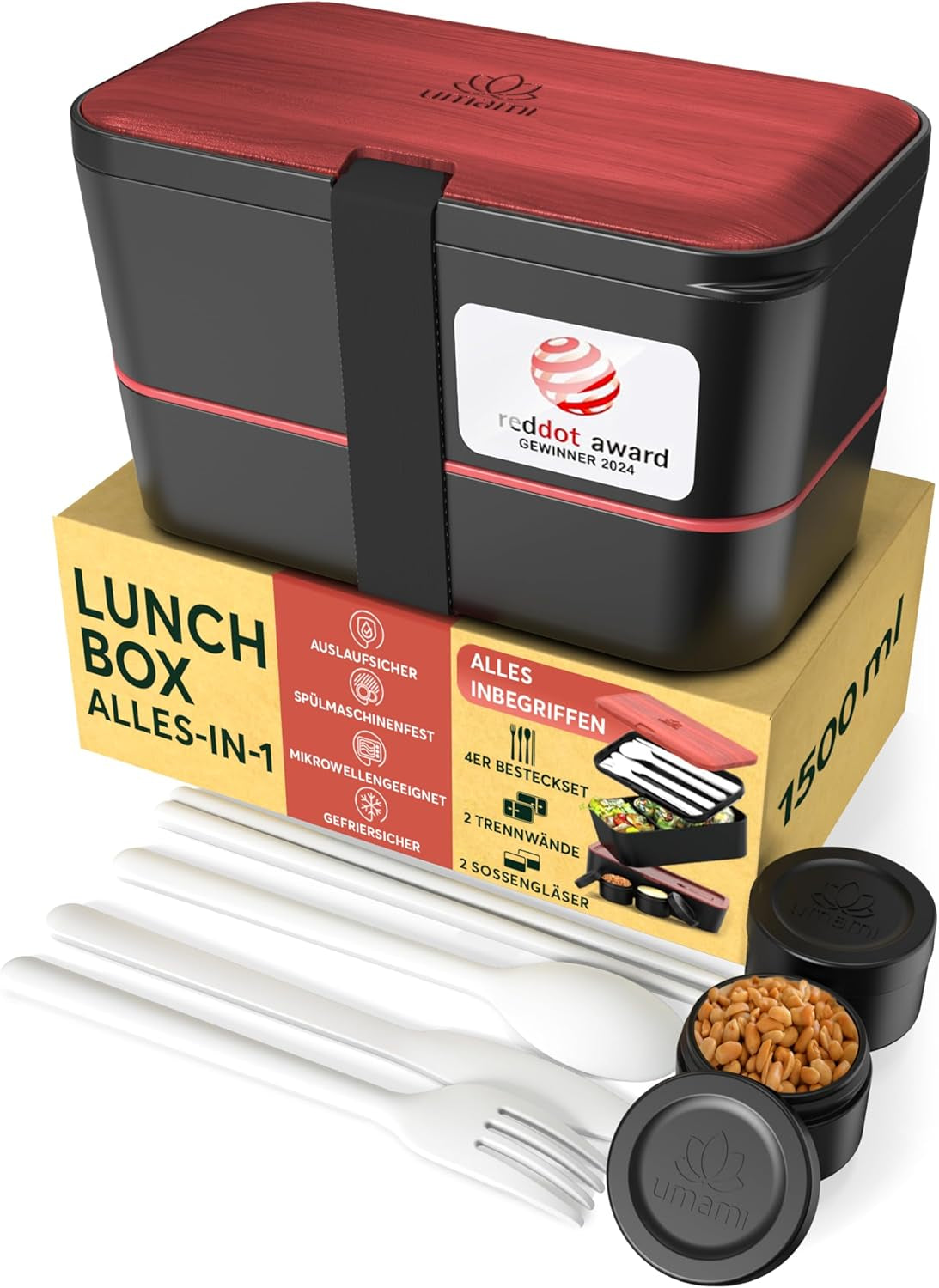 Umami madkasse til voksne, 4 bestik og rum Lækagesikker stabelbar Bento-kasse, voksenmadkasse, to-go-salatbeholder, picnic-/skrivebordsmadkasse, koksgrå, 1500 ml Naty Shop Madopbevaringskasser Sort palisander L - 1500 ml kan stables inde i hinanden