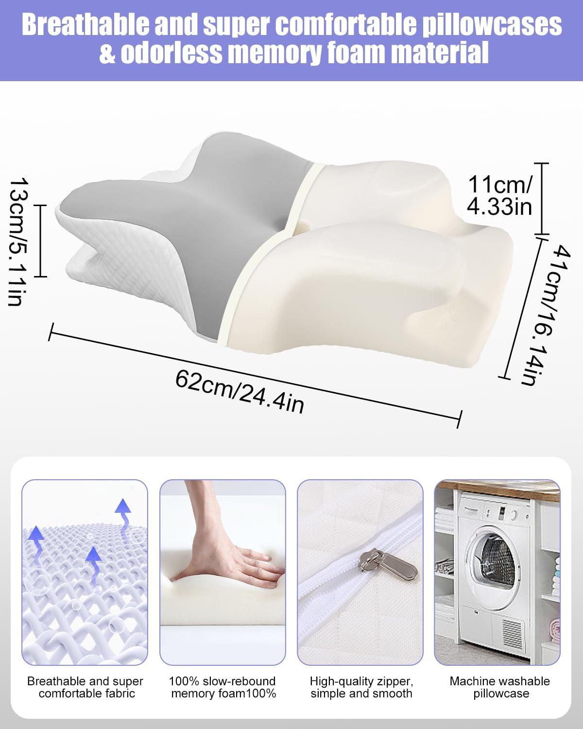 Nakkepude, Sidestøttepude, Memory Foam Pude, Ortopædisk Pude, Ergonomisk Nakkestøttepude til optimal støtte Ryg- og mavesidestøttepude (62 X 41 X 13CM) Cervikal ortopædiske puder Naty Shop