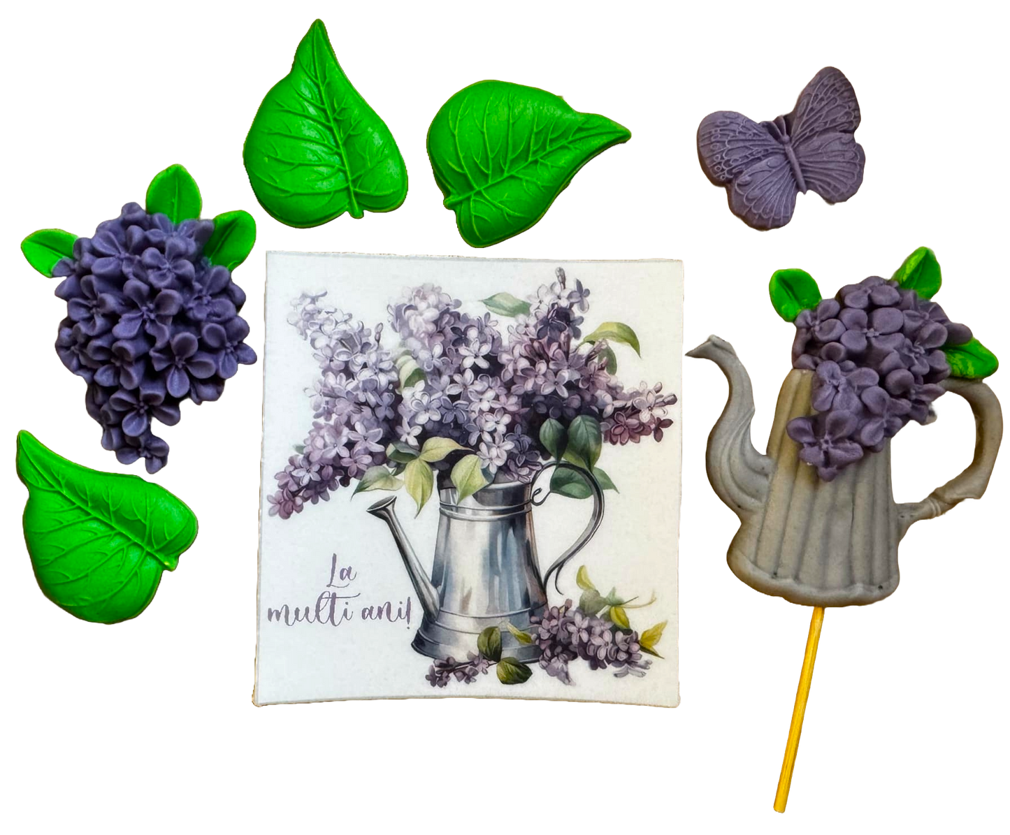 Sæt med 7 spiselige sugarpaste dekorationer, lilla blomster Sugarpaste dekorationer Nati Shop