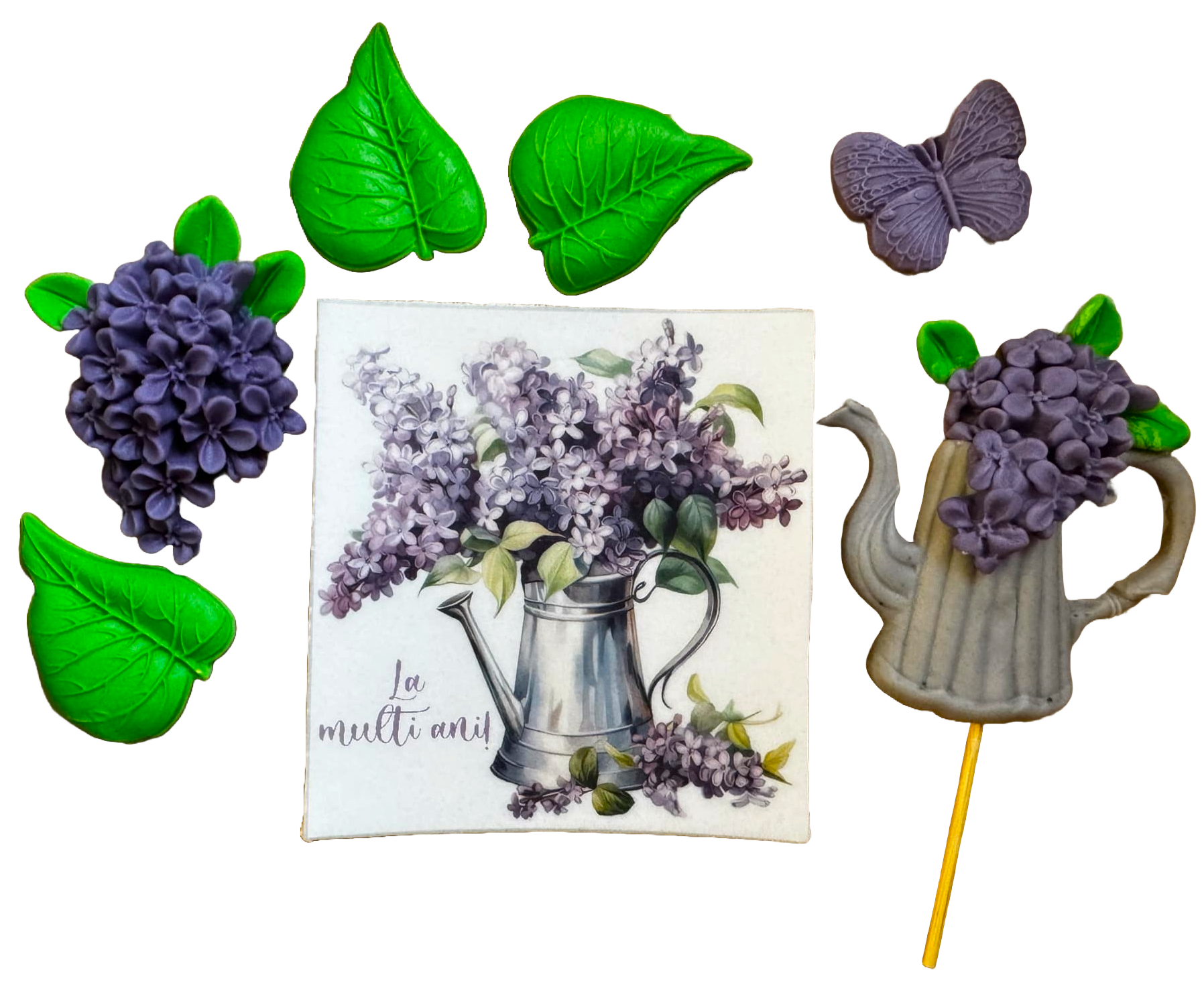 Sæt med 7 spiselige sugarpaste dekorationer, lilla blomster Sugarpaste dekorationer Nati Shop