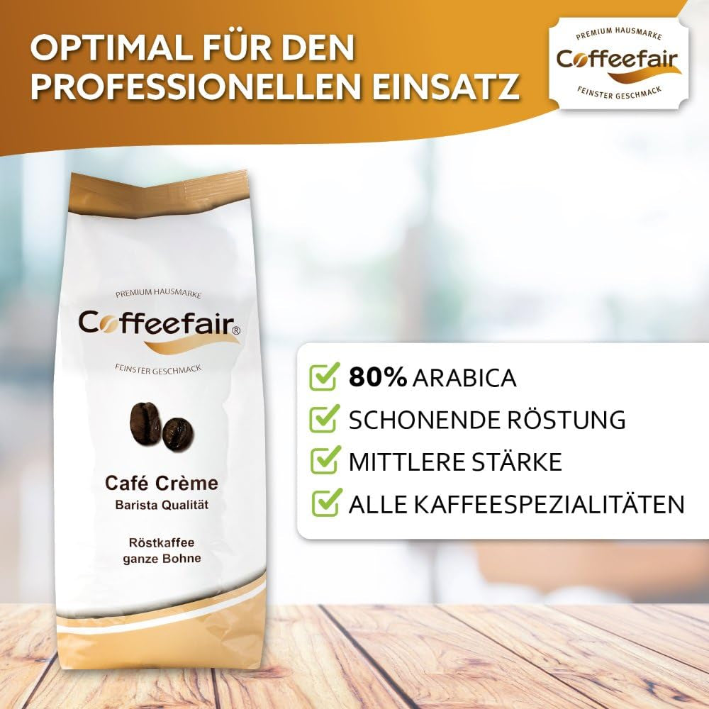 Coffeefair Cafe Creme Kaffeebohnen i Barista Qualität - 1 kg til Kaffeevollautomaten, Mischbohne til Kaffee eller Espresso-verwendbar, schonende Trommelröstung