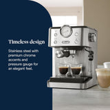 De'Longhi Classic EM450.M portafilter espressomaskine med professionel mælkeskummer, fuld metalhus, 15 bar, 1,7 l vandtank, rustfrit stål/metal