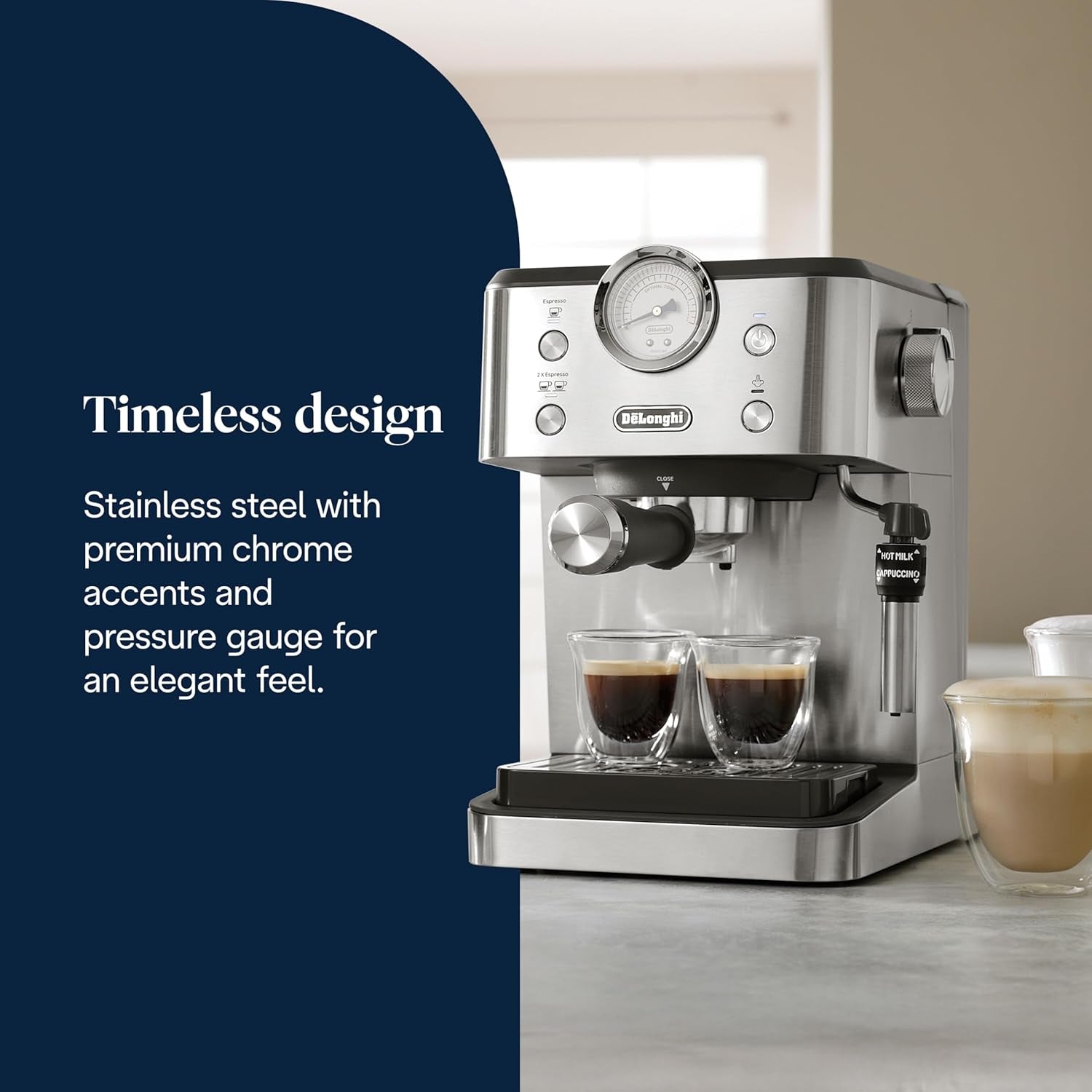 De'Longhi Classic EM450.M portafilter espressomaskine med professionel mælkeskummer, fuld metalhus, 15 bar, 1,7 l vandtank, rustfrit stål/metal