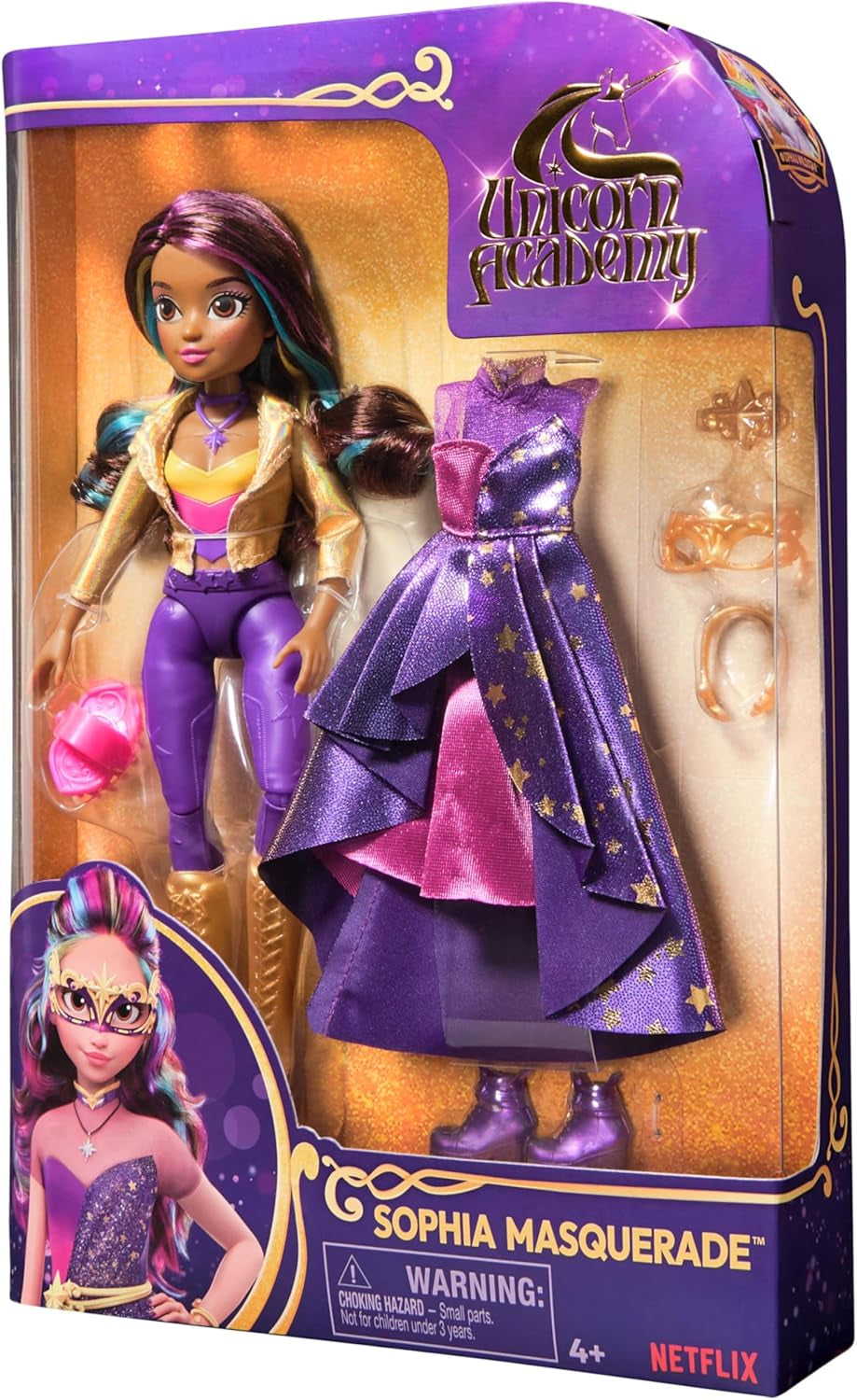 Unicorn Academy Deluxe Masked Ball Sophia - 24 cm dukke fra den populære Netflix-serie med 2 outfits, klassisk påklædning og rollespil, 4+ år Naty Shop Dolls