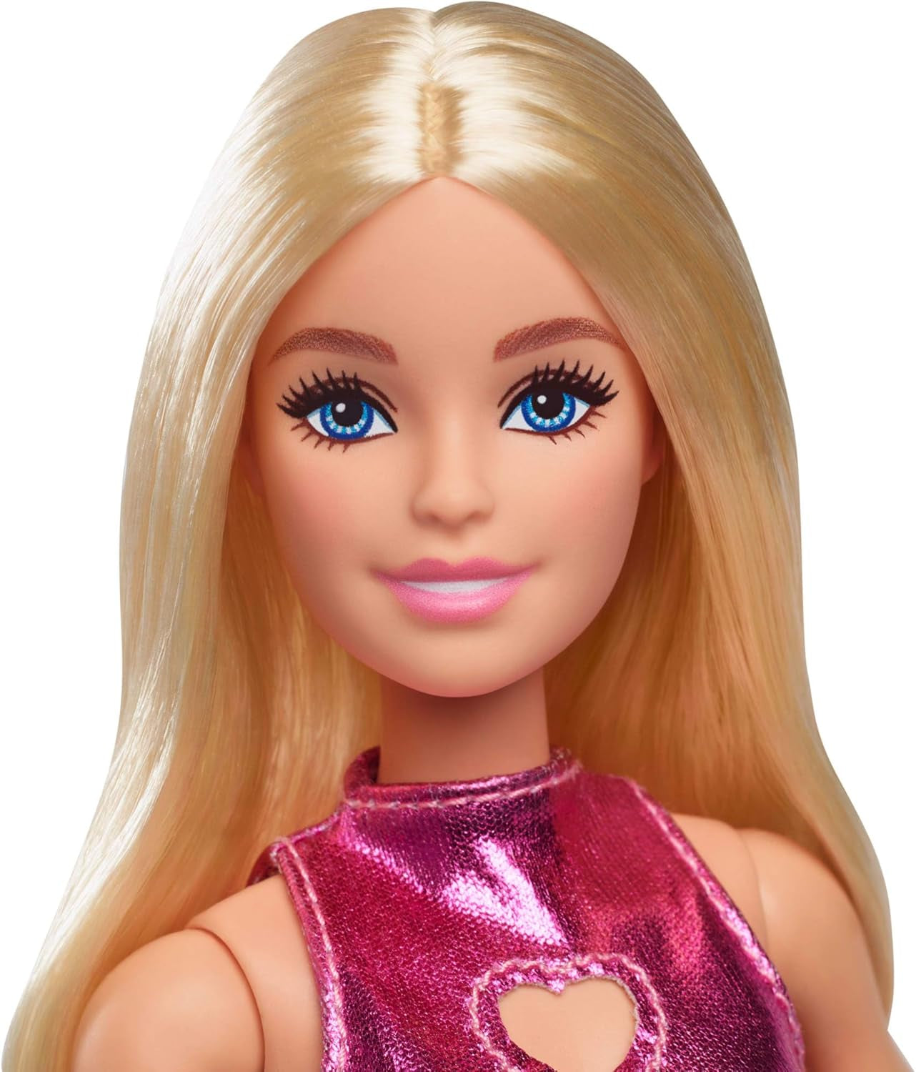 Barbie Fashionista dukke nr. 230 med blond hår, pink metallisk minikjole med hjerteudskæring, hvidt armbånd og høje hæle, HYT88