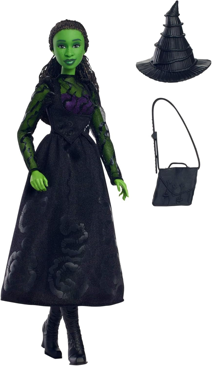 Mattel Wicked Elphaba modedukke og tilbehør med grøn hud, sort flettet hår, forskellige mulige positurer og udvidelig boldkjole, HXT62, [Multicolor] Naty Shop Dolls