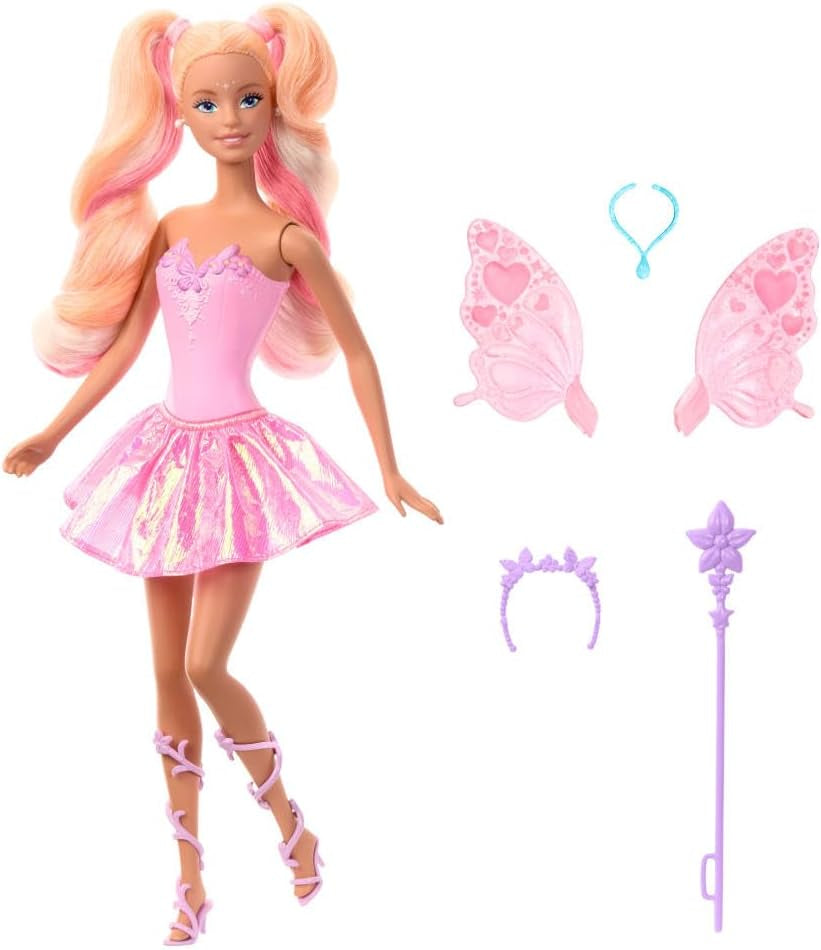 Mattel Barbie-dukke med tryllestav og modetilbehør, Fantasy-tema med vinger og farveskiftende outfit, JCP76, [Multicolor]