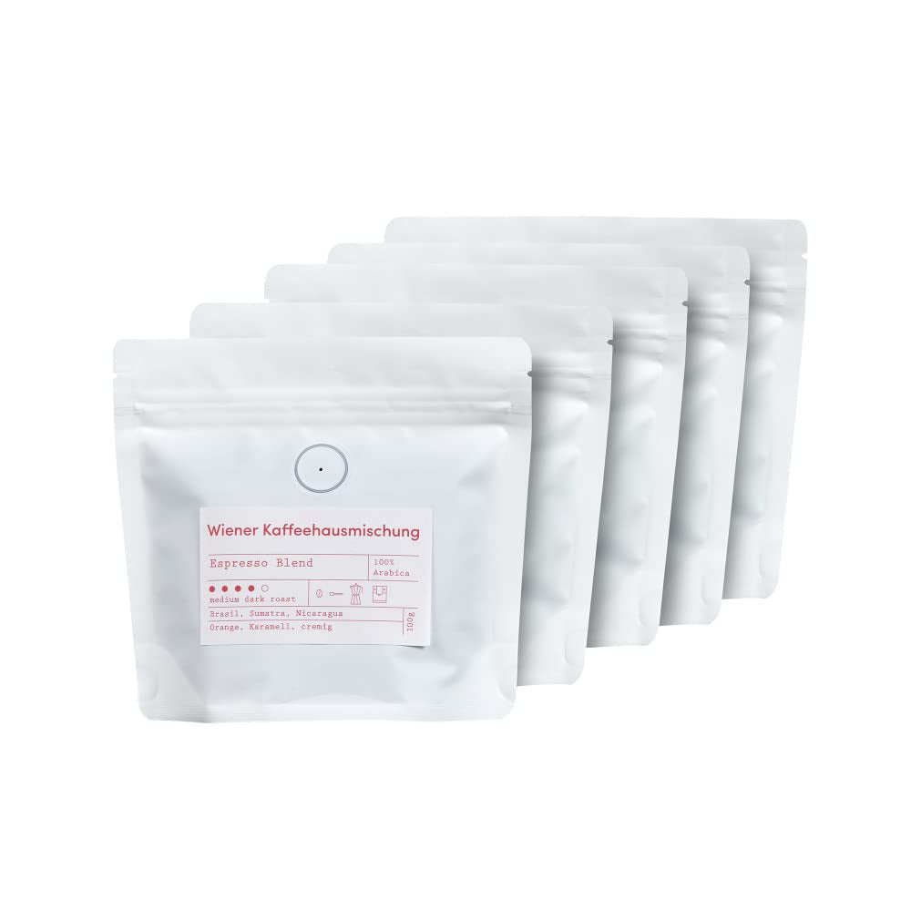 Espressosmagningssæt - 5 varianter af 100 g hver - Økologisk og 100% Arabica - Enkelt oprindelse og blanding - Perfekt til portafiltre og espressomaskiner