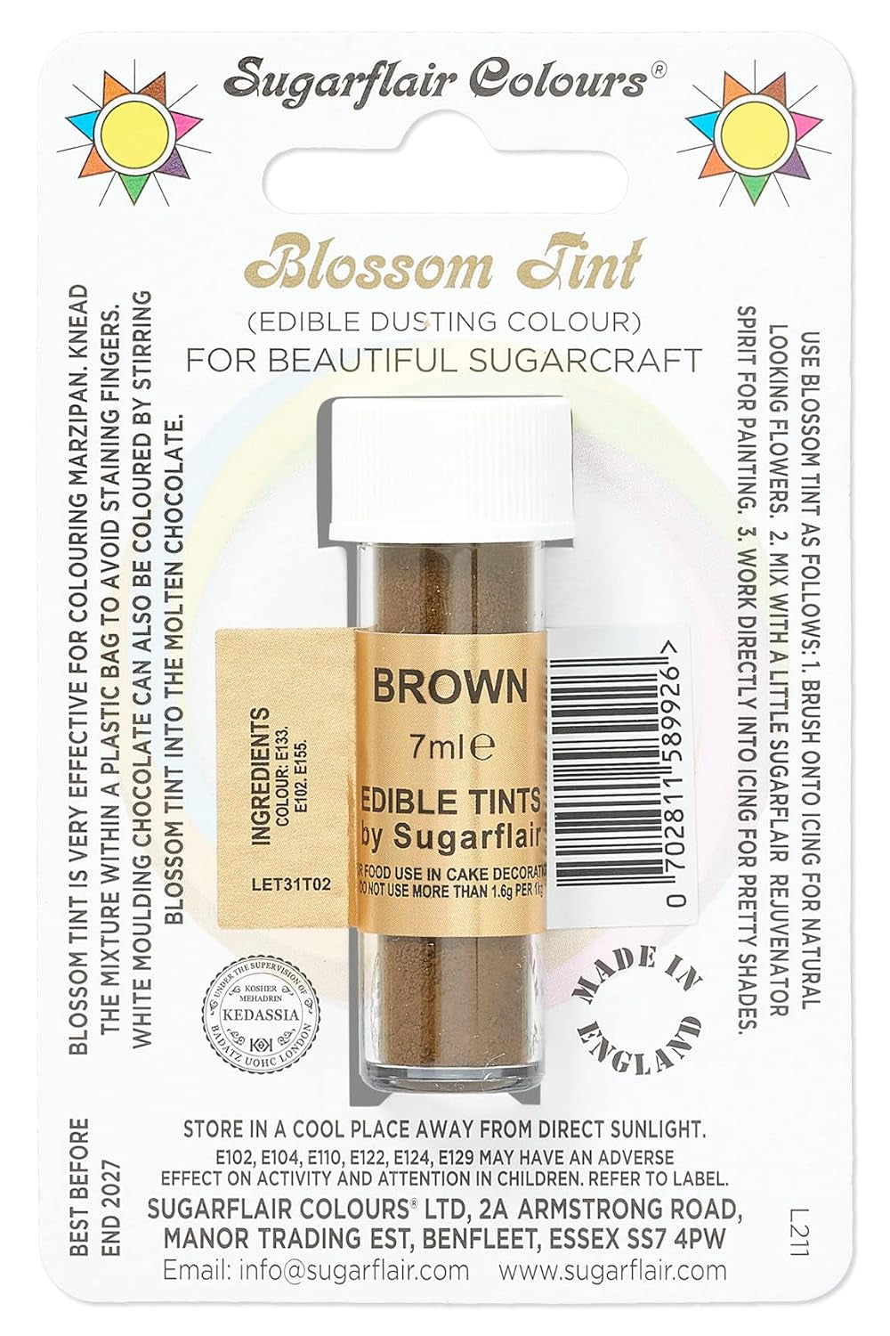 Madfarvepulver Sugarflair Blossom Tint Dusting brown - Madfarvepulver til dekoration af farvet sukkerpasta, fondant, glasur, chokolade, smørcreme, makroner - 7 ml